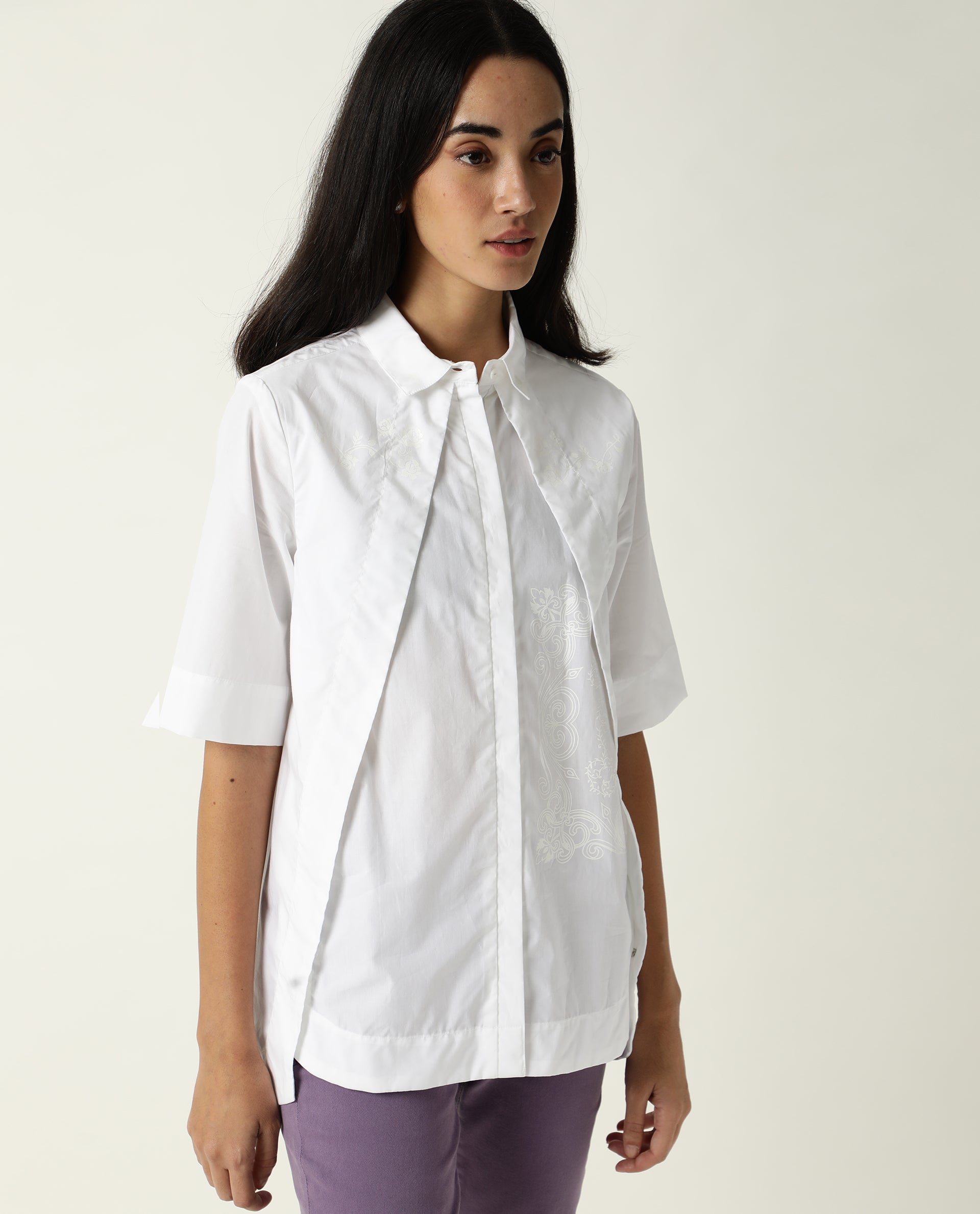 Rareism Women's Flick White Cotton Spread Collar Plain Regular Fit Top