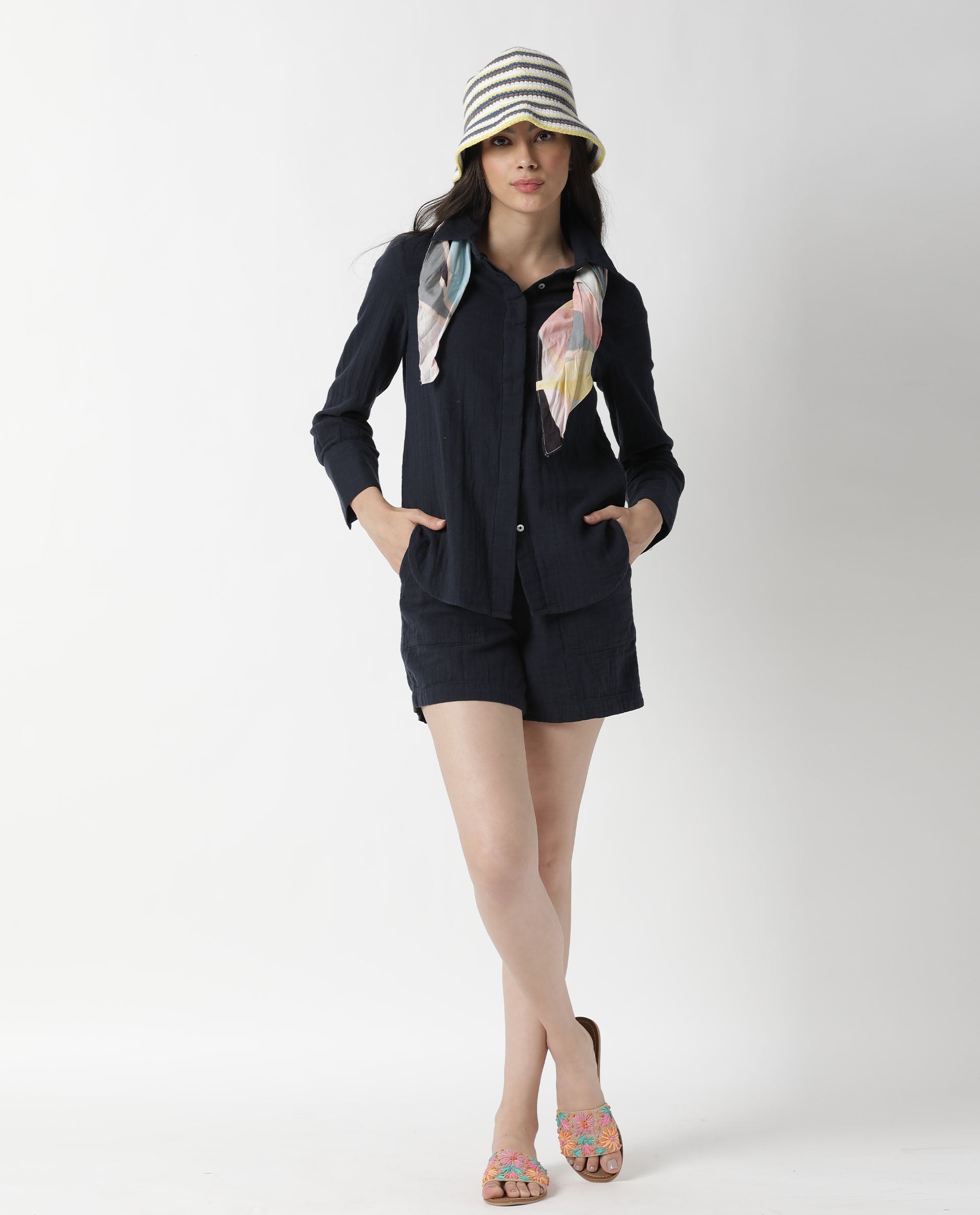 Rareism Women Leno Navy Cotton Fabric Regular Fit Solid High Rise Shorts