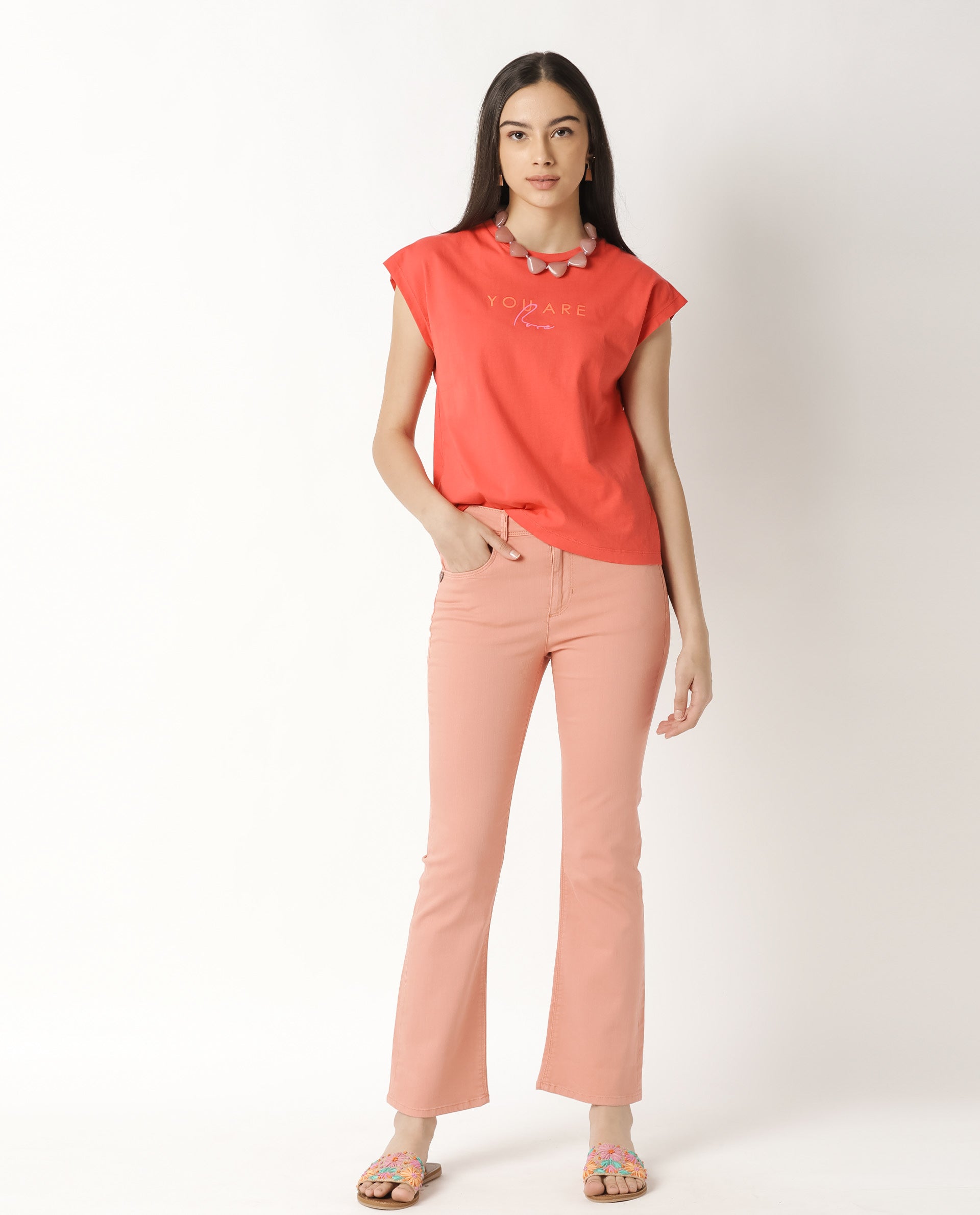 Rareism Womens Caprico Red T-Shirt Cotton Fabric Regular Fit Half Sleeve Round Neck