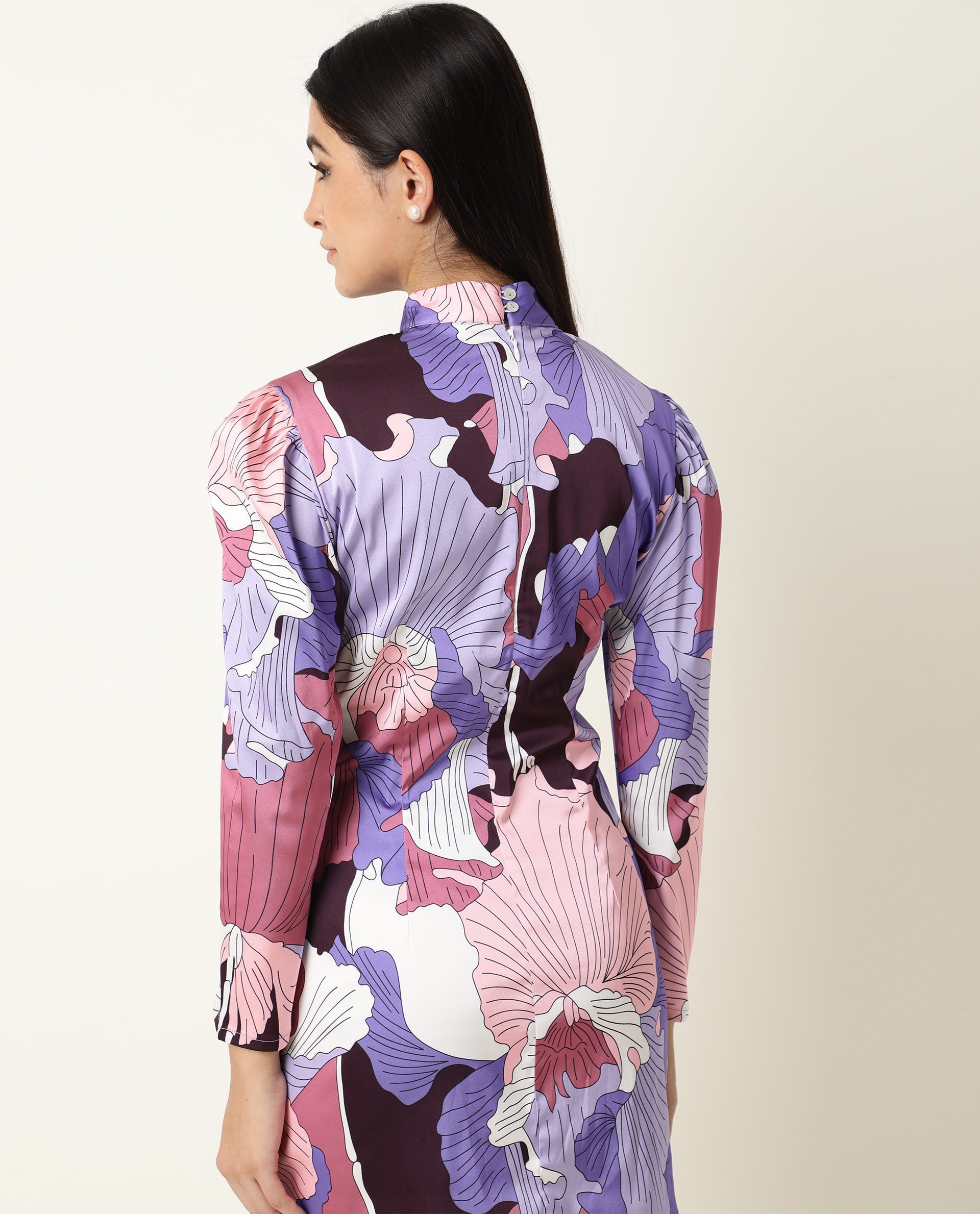 Rareism Women's Mylah Multi High Neck Floral Print Knee Length Regular Fit Dress