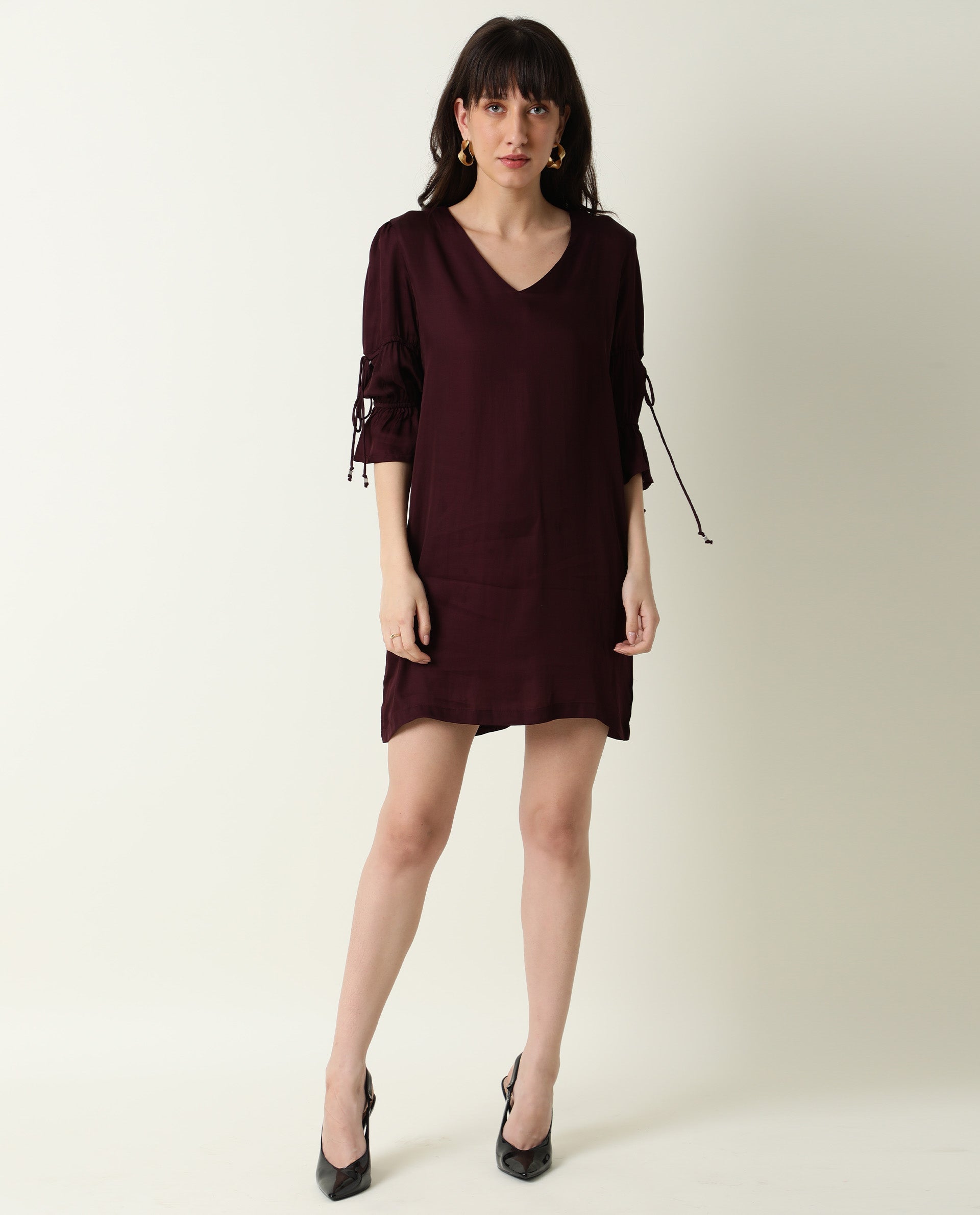 Rareism Women's Jamm Maroon V-Neck Plain Knee Length Regular Fit Dress
