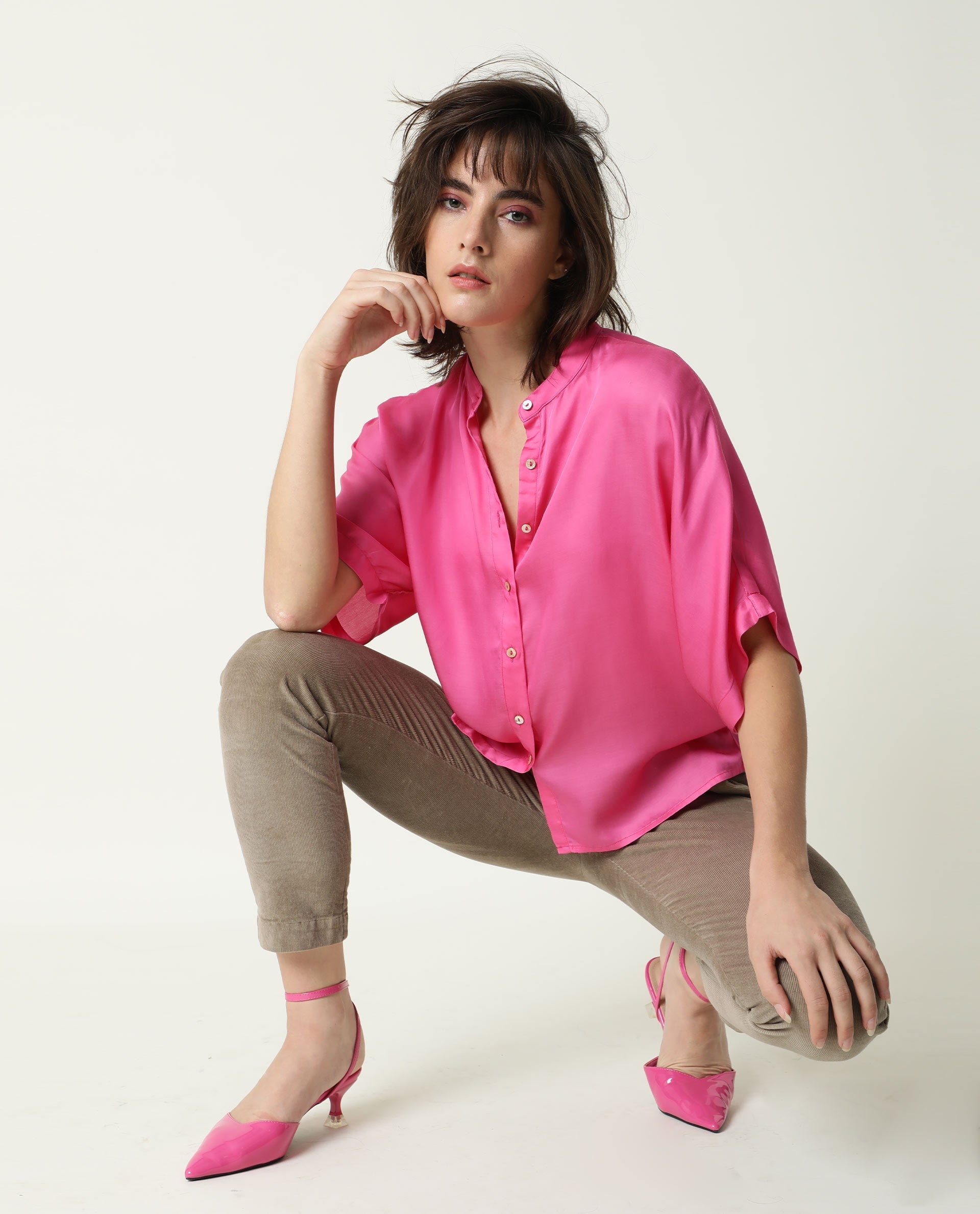 Rareism Womens Paige Pink Top Modal Satin Fabric Regular Fit Kimono Sleeve Mandarin Neck