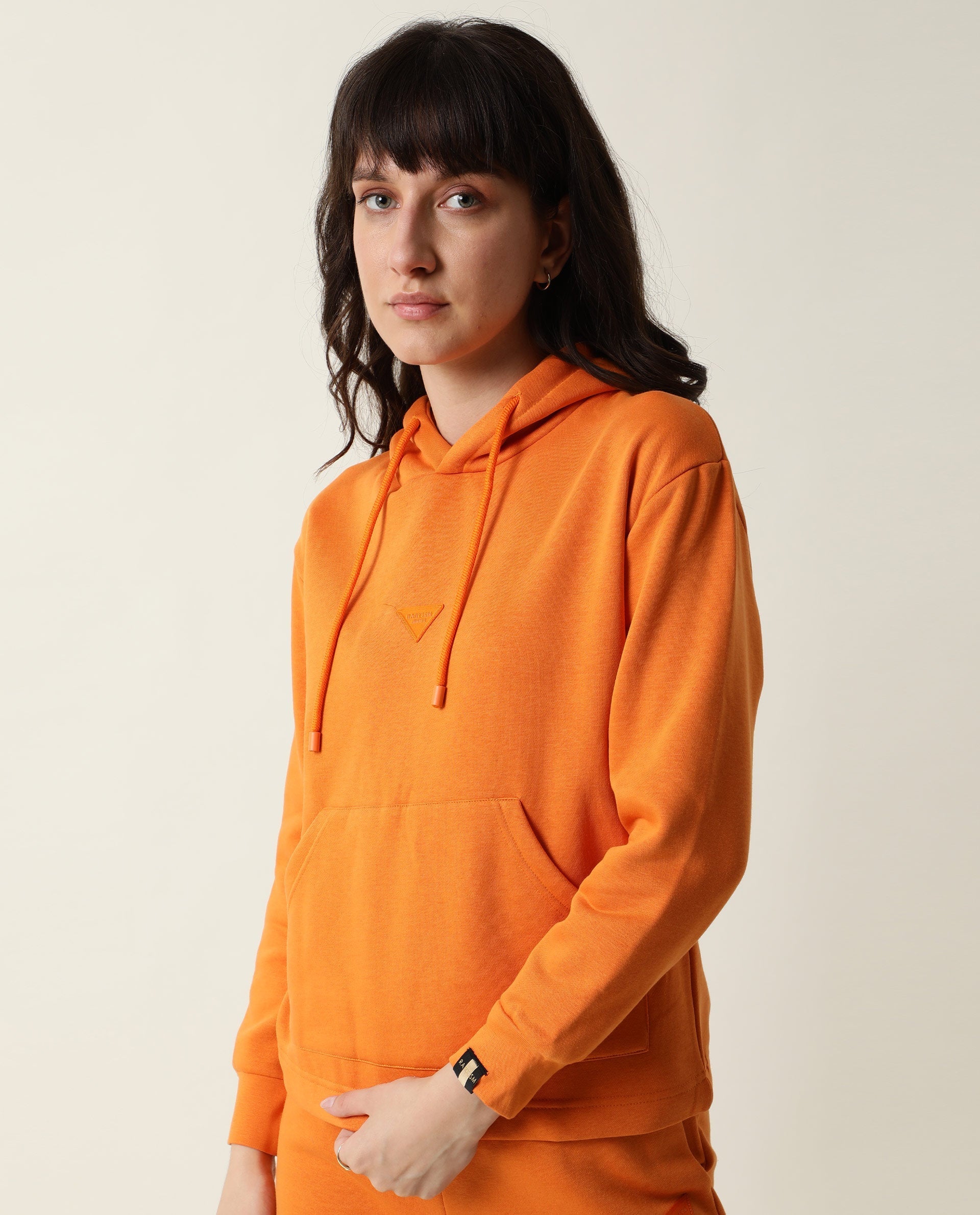 Rareism Women's Wally-1 Orange Cotton Blend Hooded Plain Relaxed Fit Sweatshirt