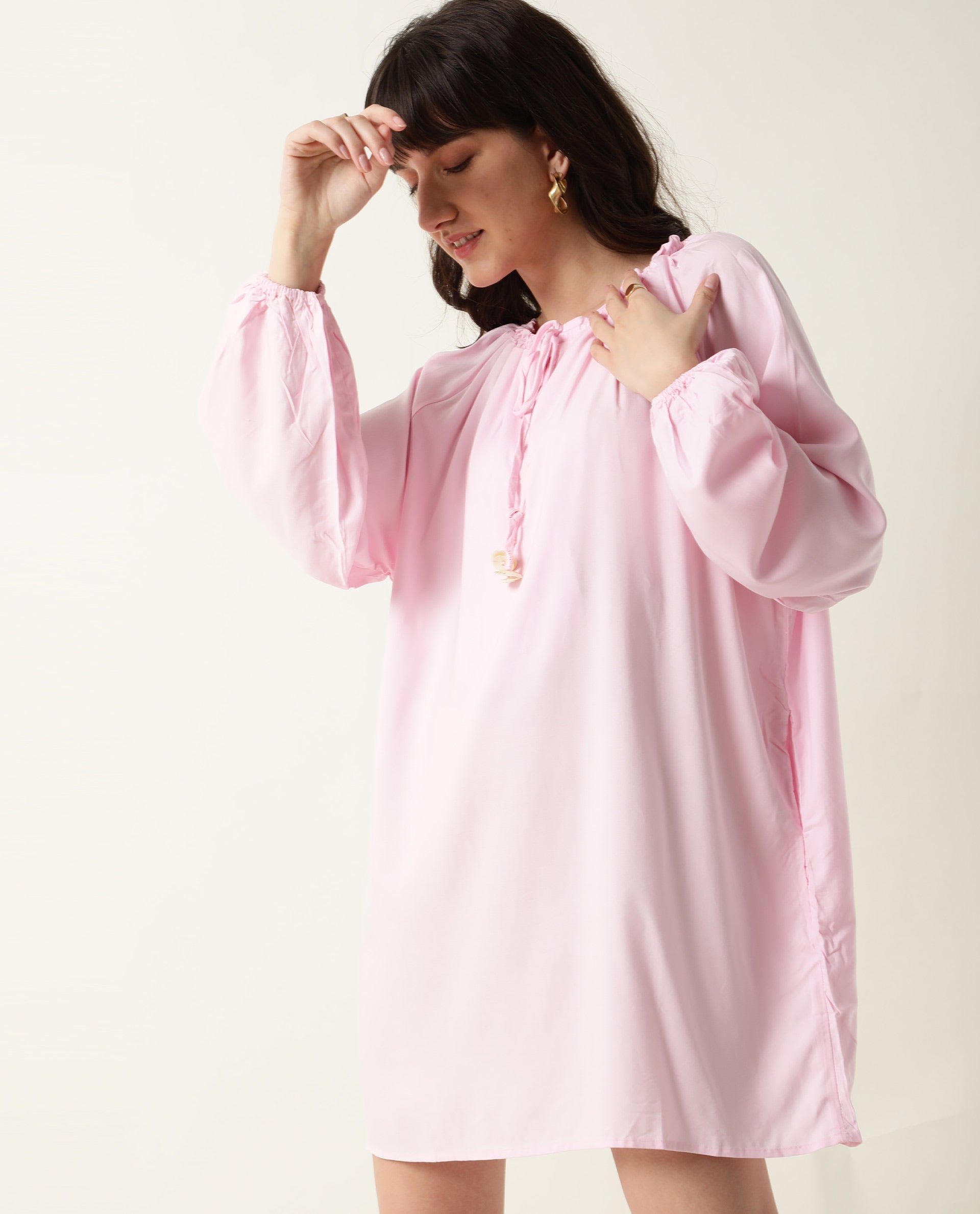 Rareism Women's Mason Pink Viscose Tie-Up Neck Plain Volume Sleeve Mini Relaxed Fit Dress