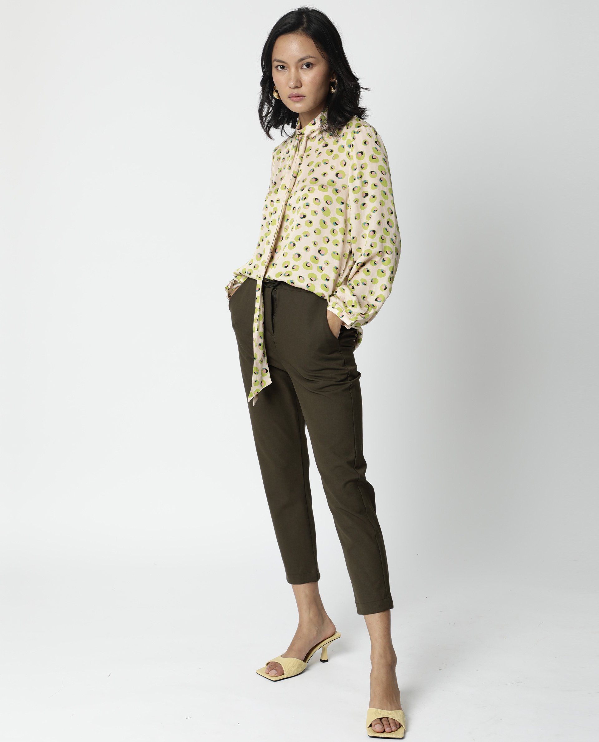 Rareism Womens Dewd Peach Top Abstract Print Cotton Blend Fabric Round Neck Long Sleeves