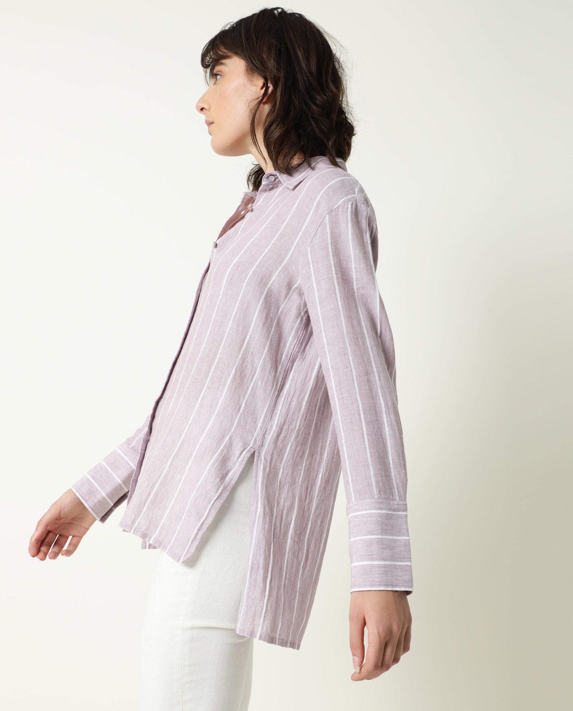 Rareism Women Vrish Pastel Purple Cotton Linen Fabric Relaxed Fit Collared Neck Full Sleeves Striped Top
