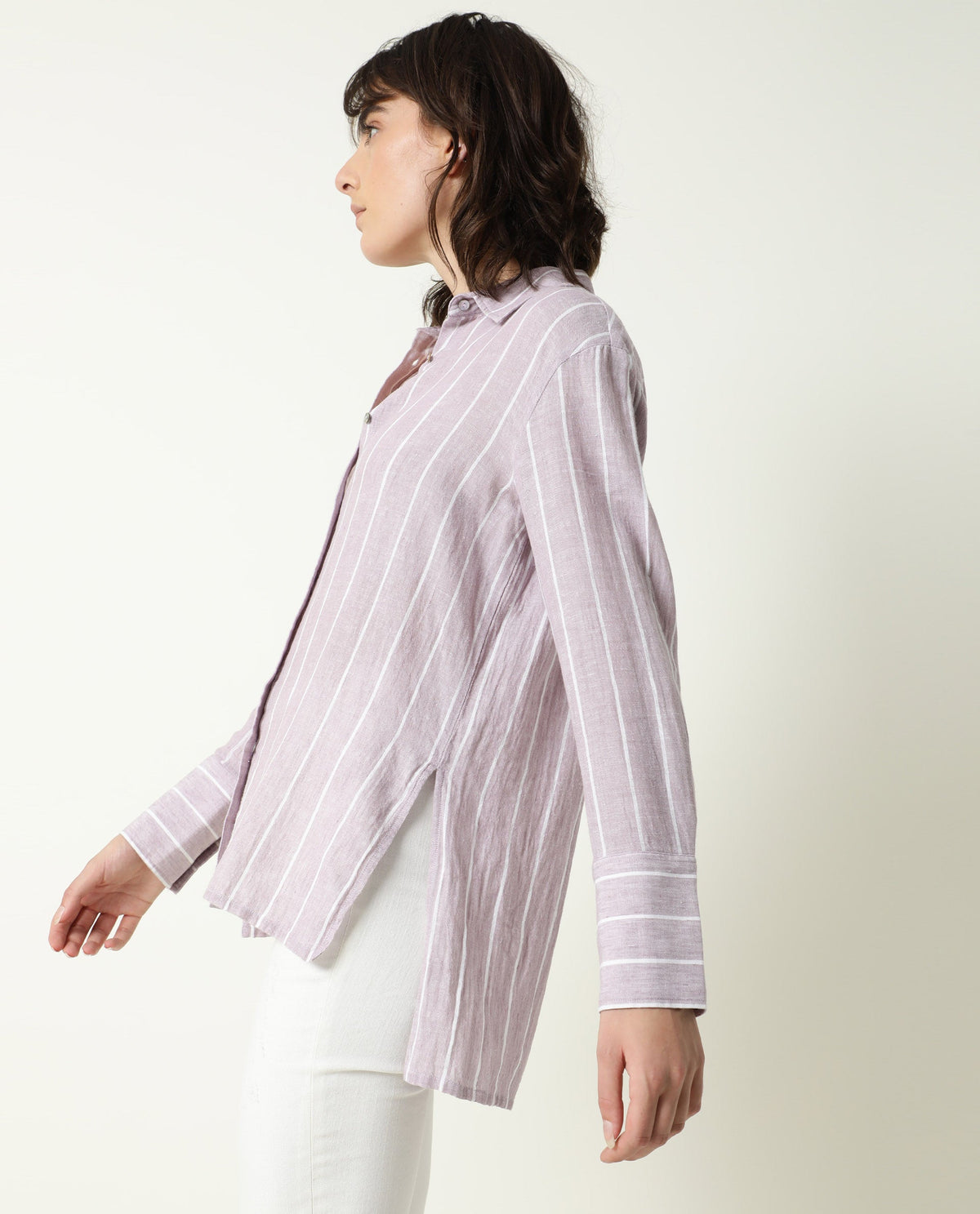 Rareism Women Vrish Pastel Purple Cotton Linen Fabric Relaxed Fit Collared Neck Full Sleeves Striped Top