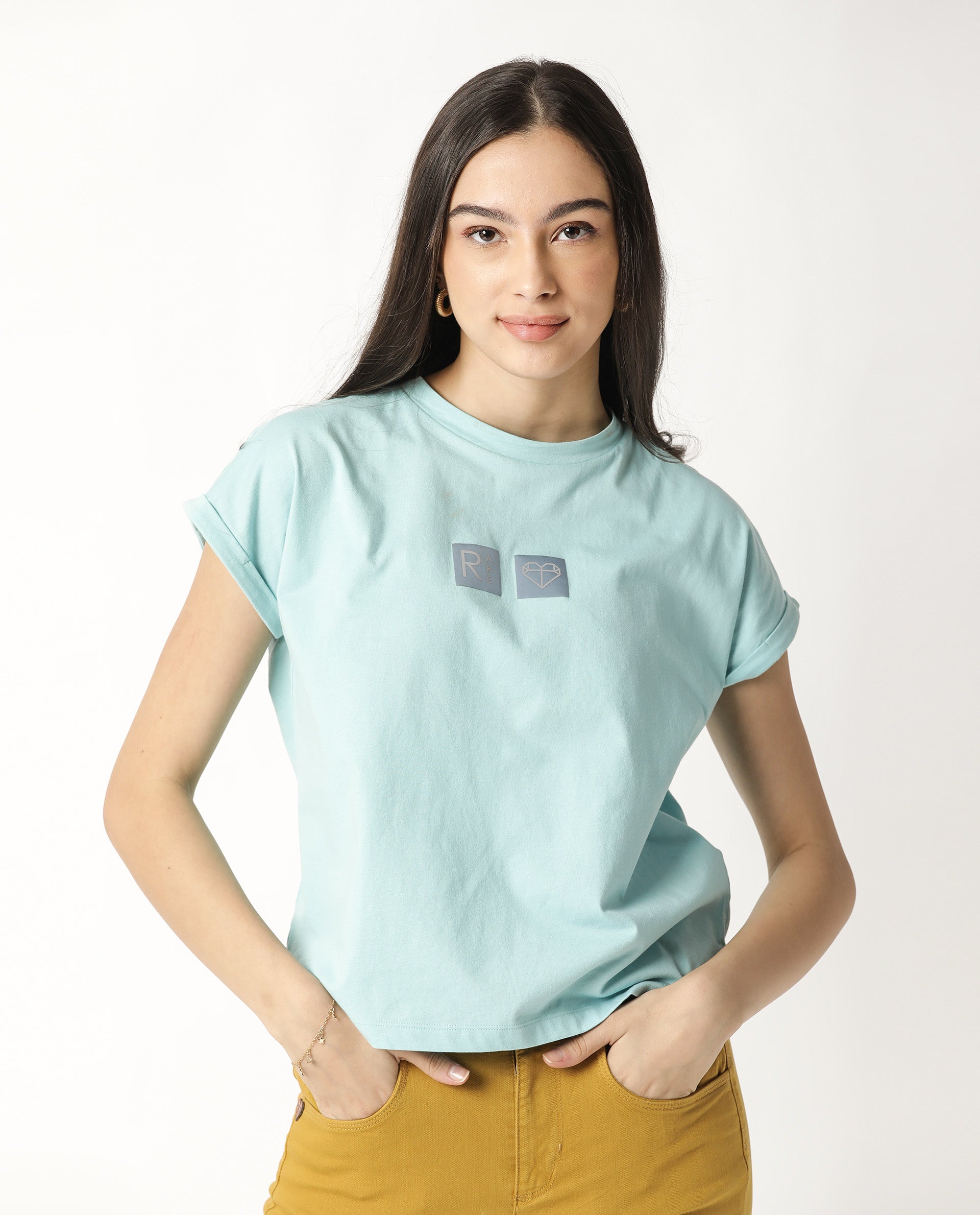 Rareism Women Cardi Light Blue Cotton Fabric Regular Fit Half Sleeves Graphic Print Crew Neck T-Shirt