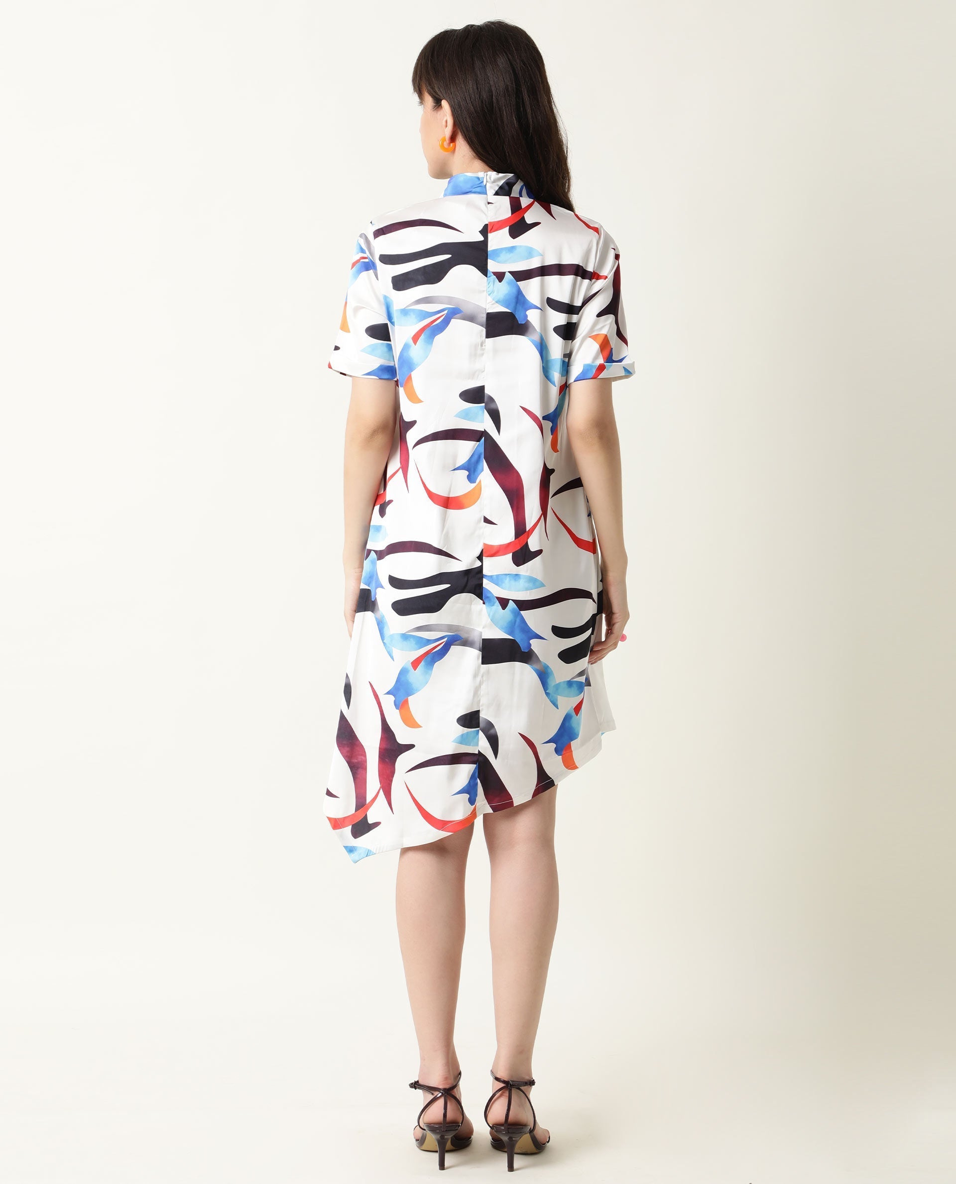 Rareism Women's Saler White Modal Blend Sweetheart Neck Abstract Print Knee Length Regular Fit Dress