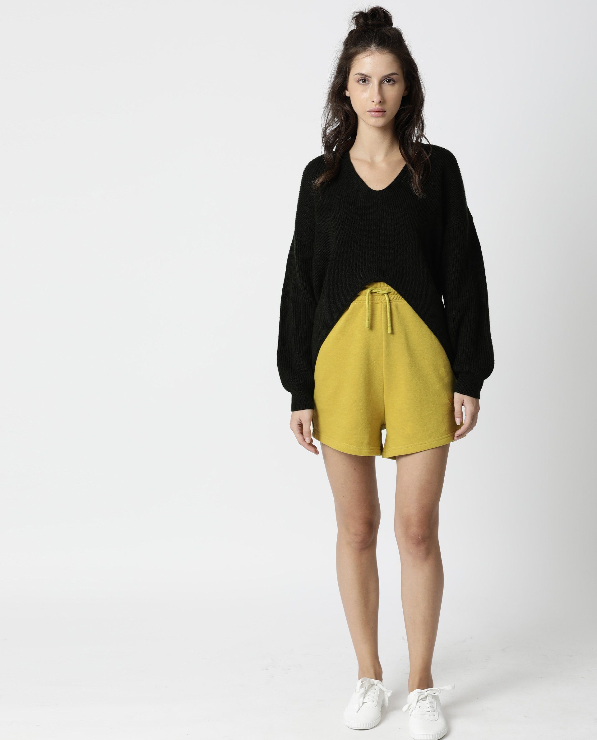 Rareism Women's Spence Yellow Polyester Blend Plain Mini Regular Fit Shorts
