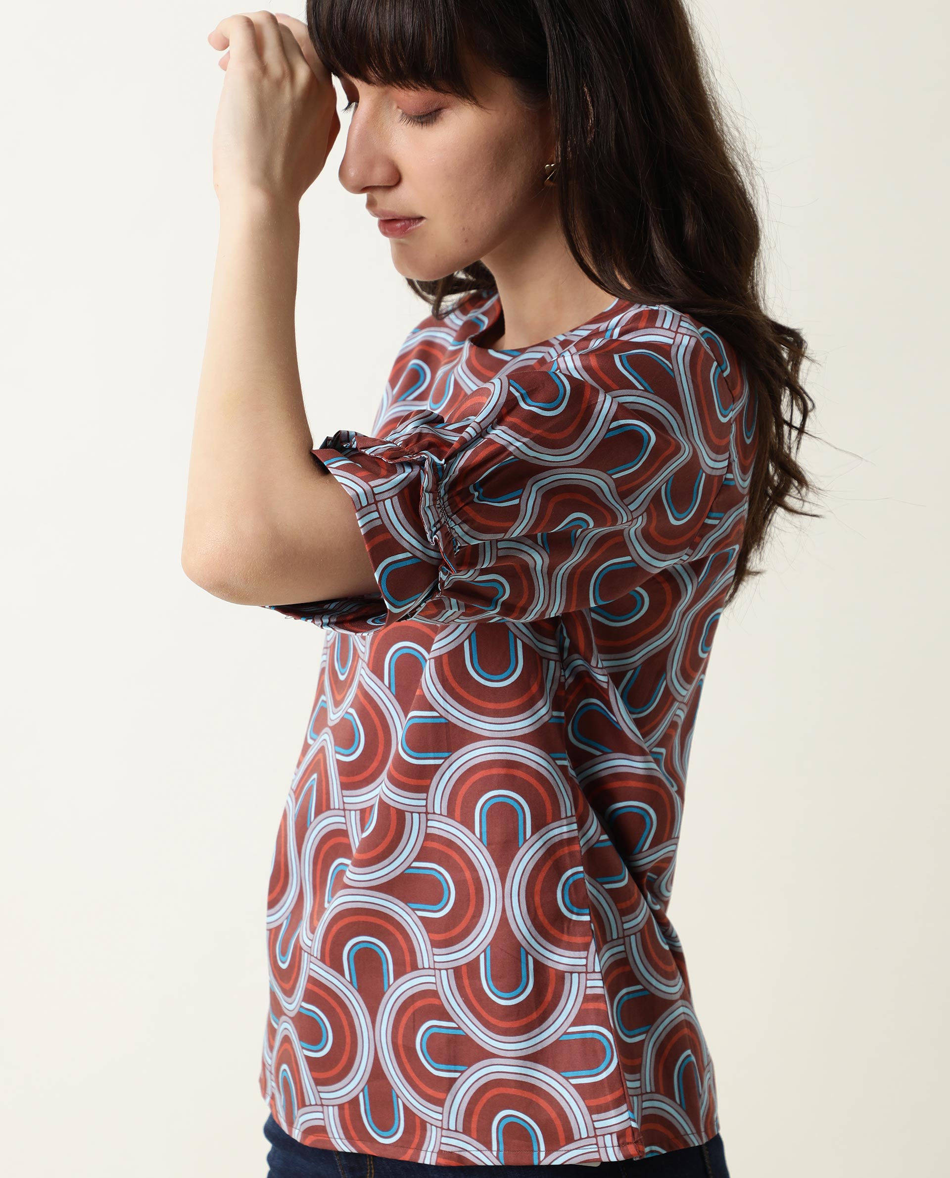 Rareism Women's Jimmi Brown Cotton Crew Neck Geometric Print Regular Fit Top
