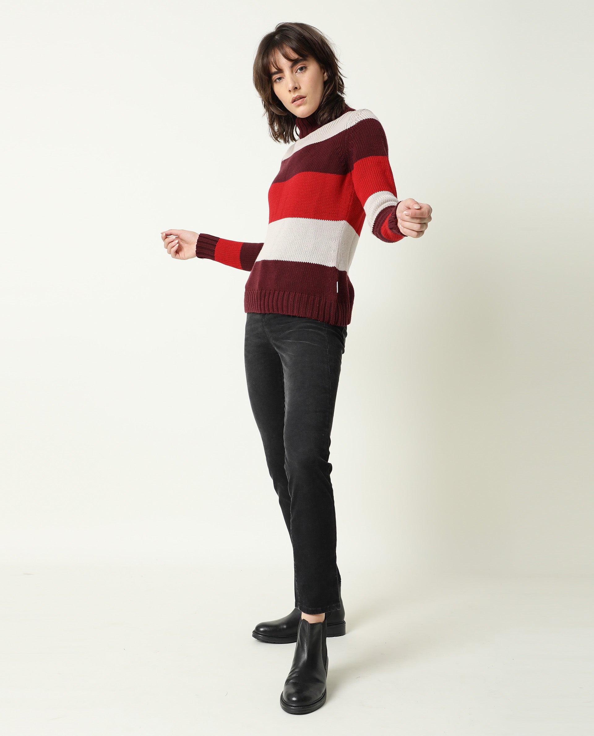 Rareism Women Tony Maroon Full Sleeves Regular Fit Color Blocked Turtle Neck Sweater