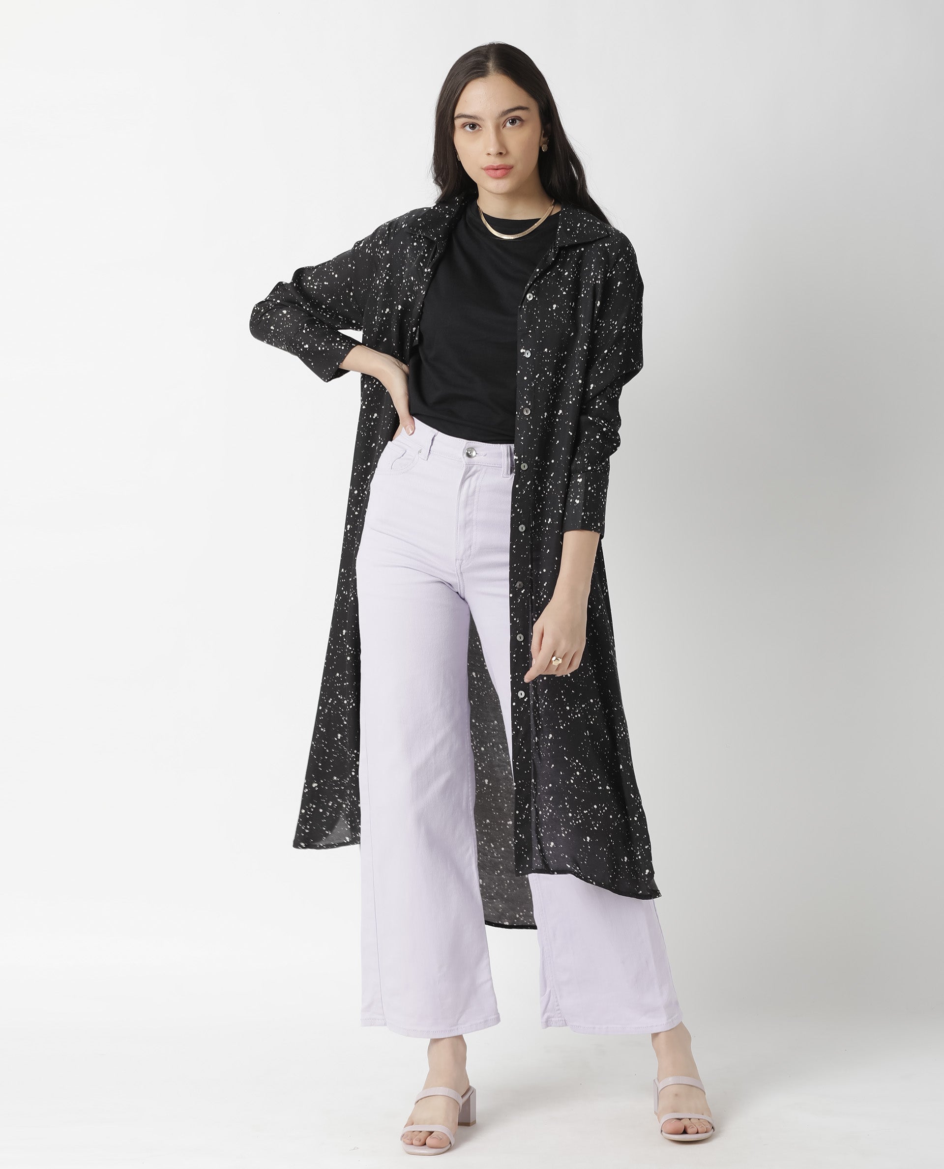 Rareism Womens Timid Black Dress Modal Fabric Regular Fit 3/4 Sleeve Collared Neck