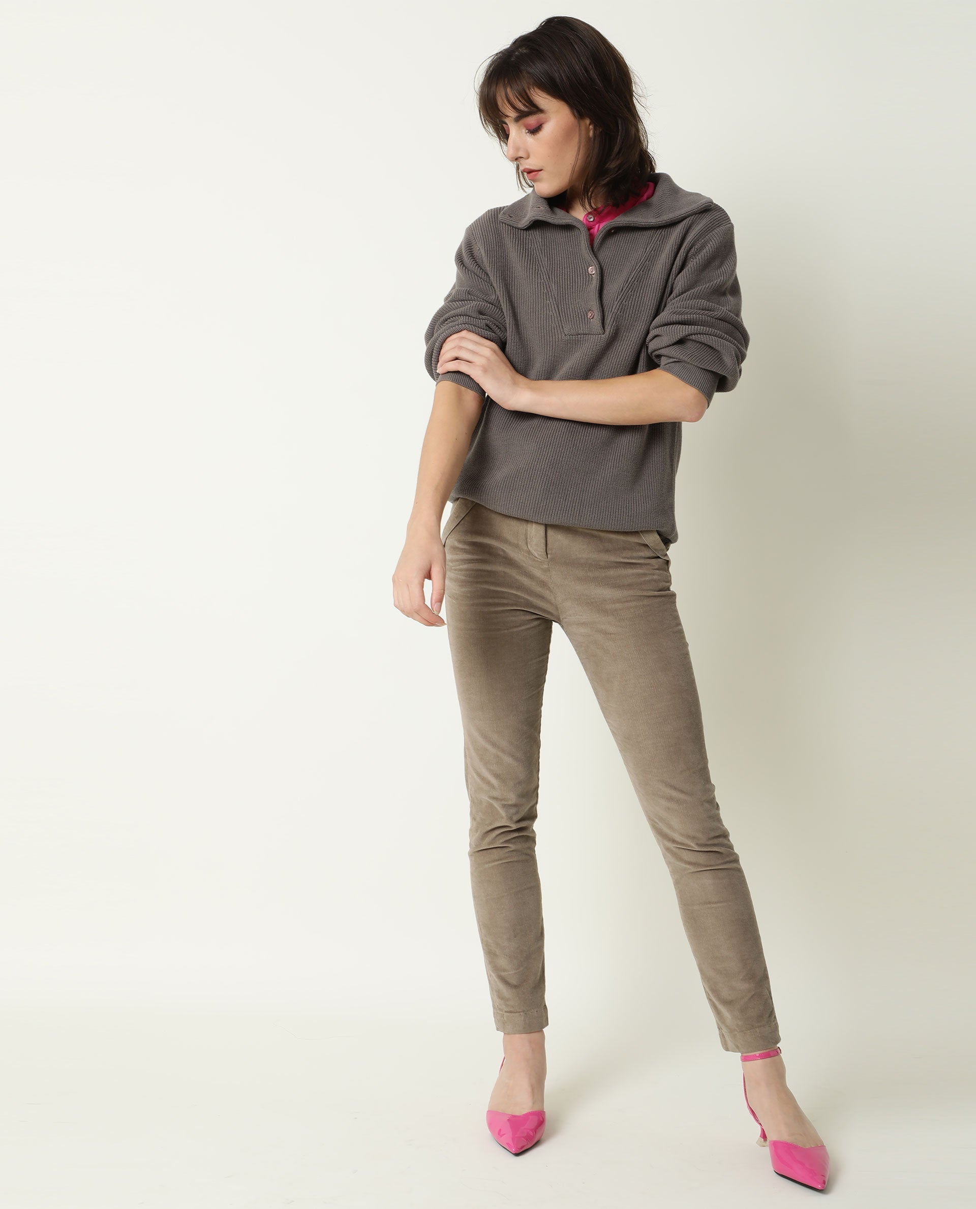 Rareism Women Swing Grey Sweater Full Sleeves Solid