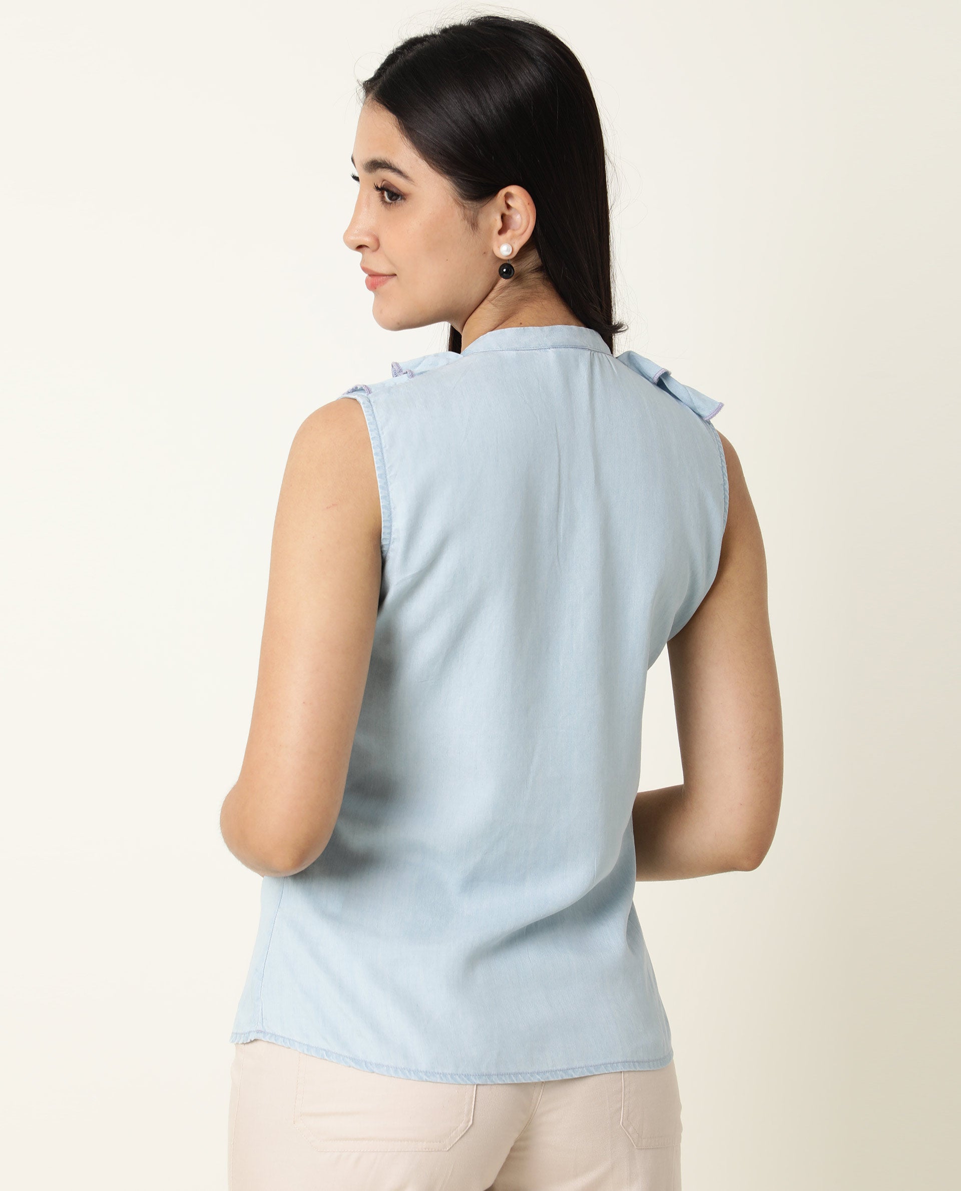 Rareism Women's Cage Blue Tencel Key Hole Neck Plain Sleeveless Tailored Top