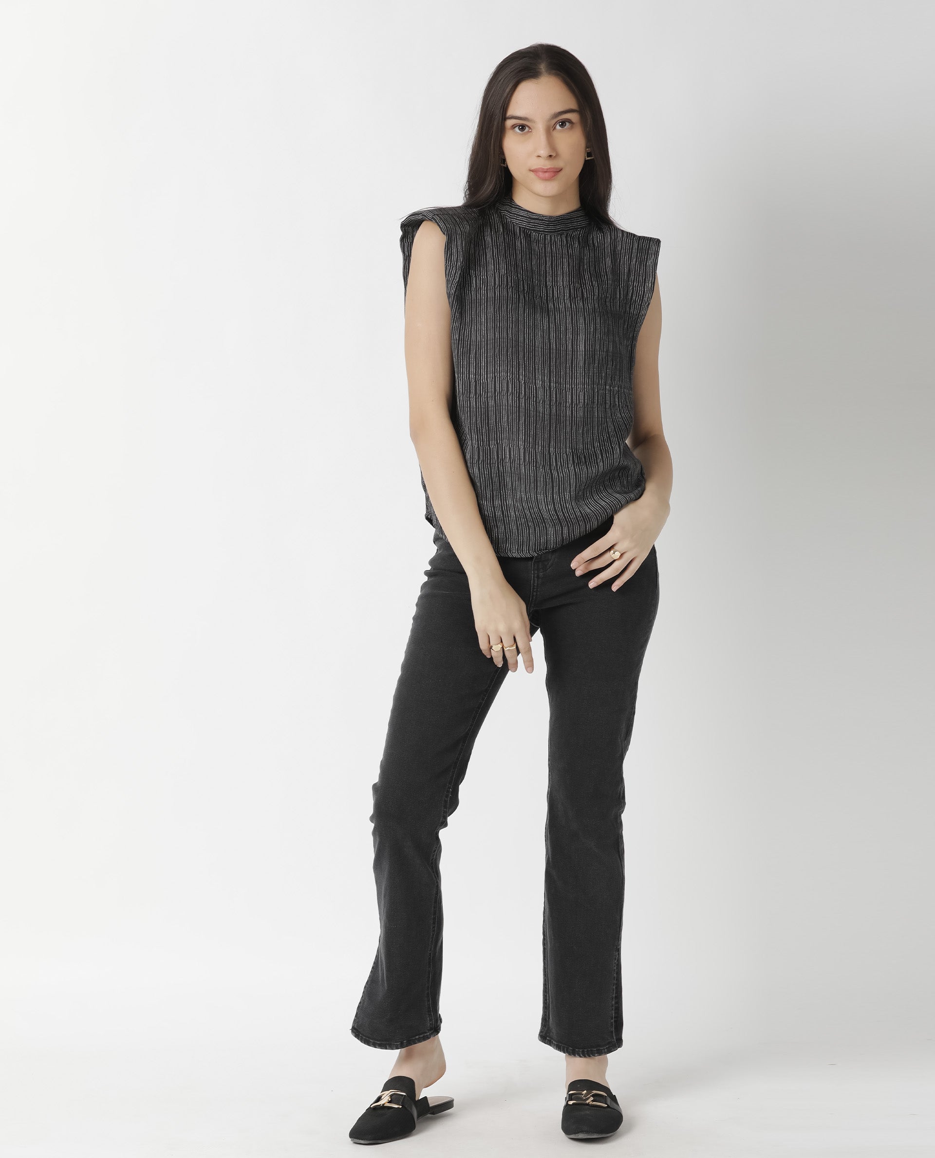 Rareism Women Yella Black Top Sleeveless Printed