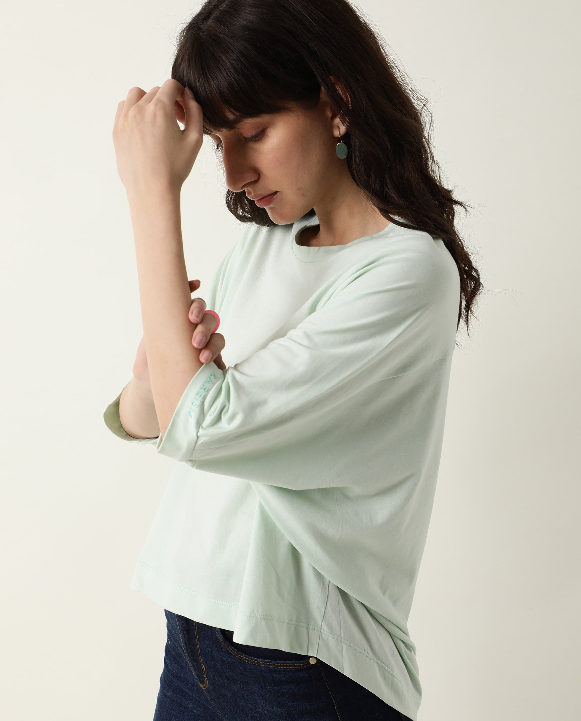 Rareism Womens Osmo Green Top Cotton Fabric Regular Fit Volume Sleeve Round Neck