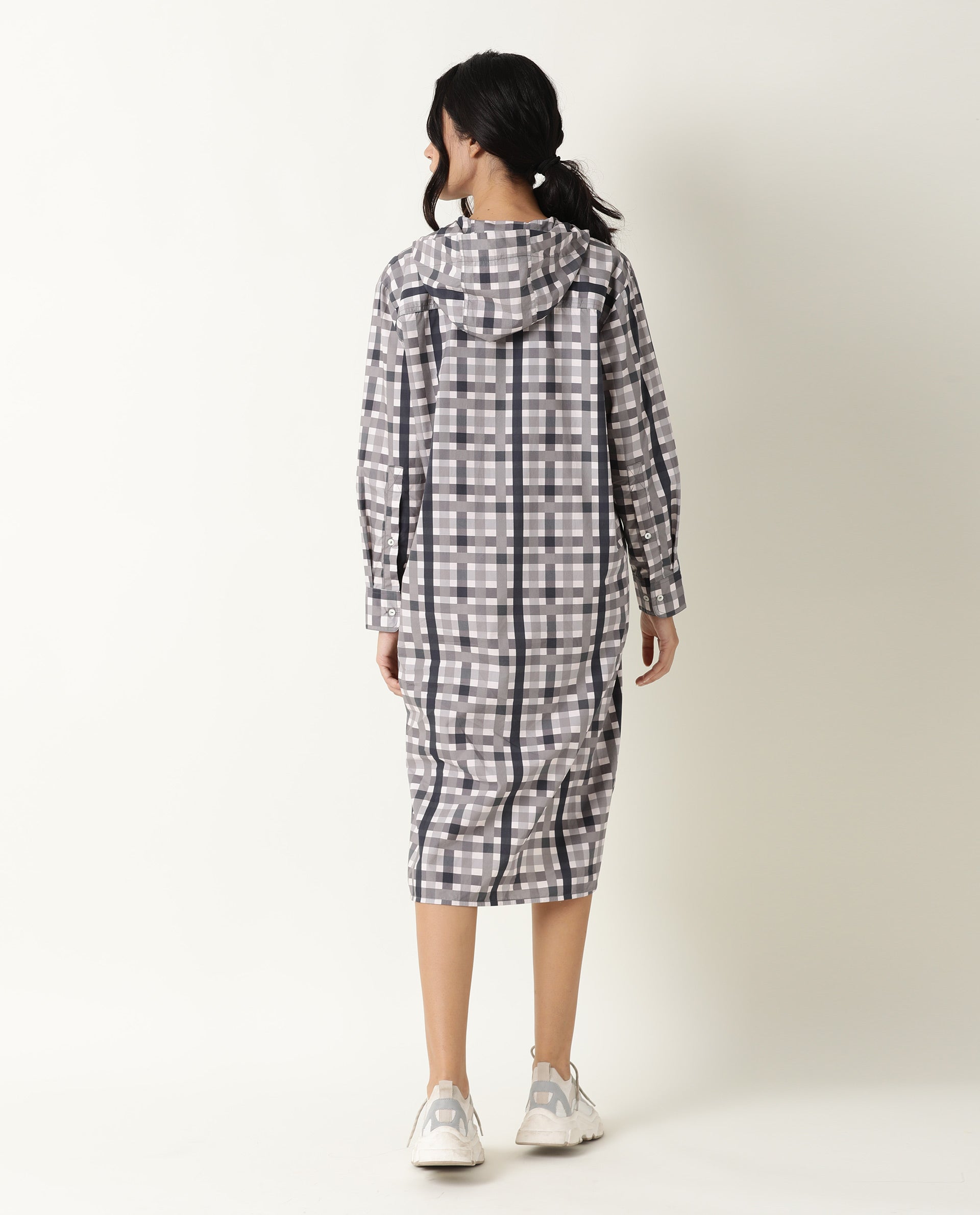 Rareism Women's Loreal Grey Hooded Checked Knee Length Regular Fit Dress