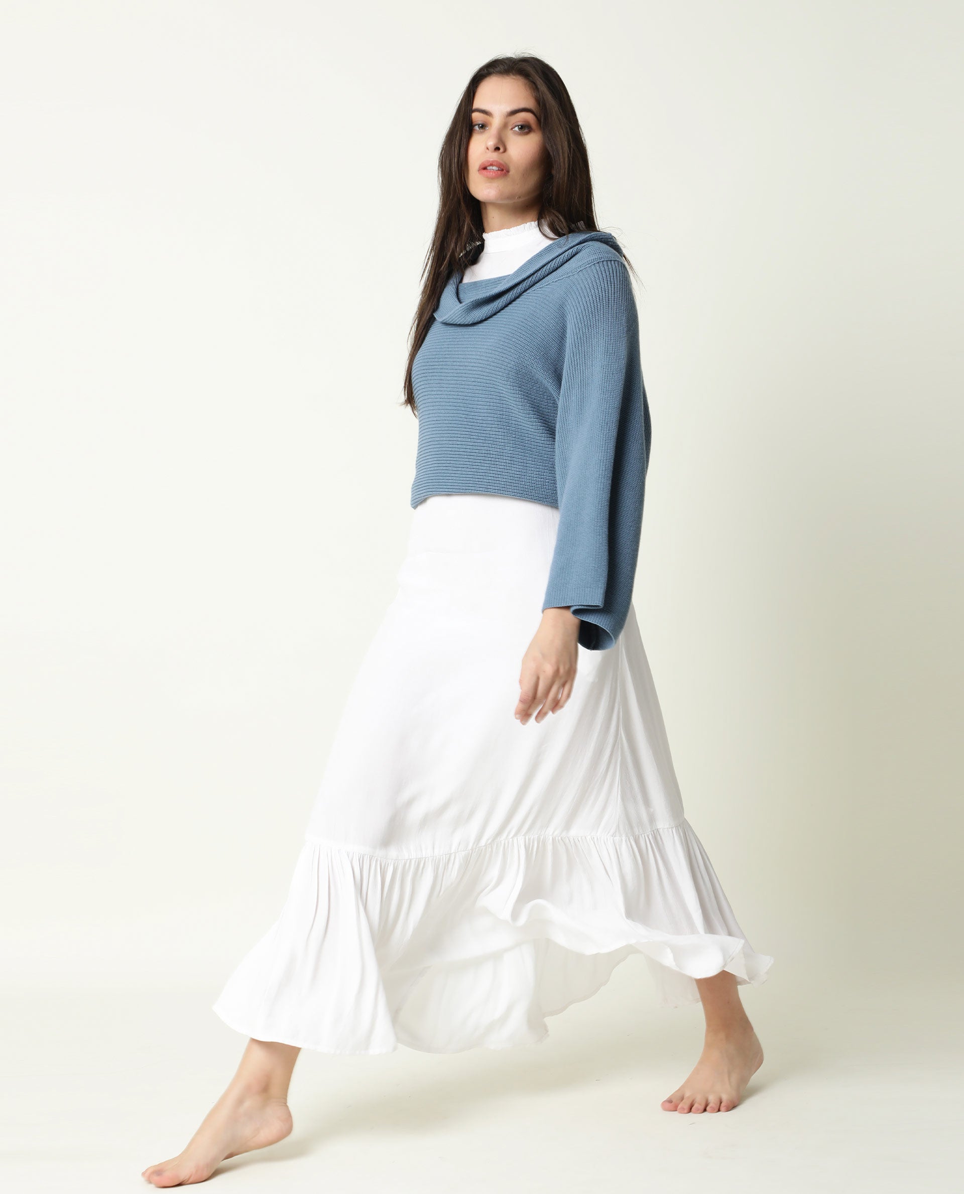 Rareism Women Cleo Blue 3/4Th Sleeves Relaxed Fit Solid Cowl Neck Sweater