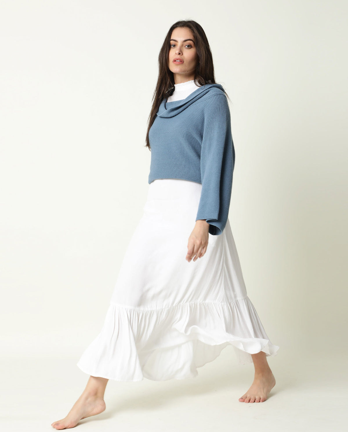 Rareism Women Cleo Blue 3/4Th Sleeves Relaxed Fit Solid Cowl Neck Sweater