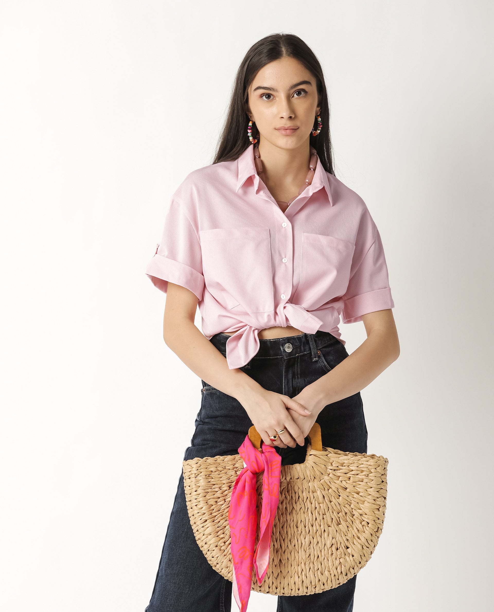 Rareism Women Bolero Pink Regular Fit Shirt Collar Half Sleeves Solid Top