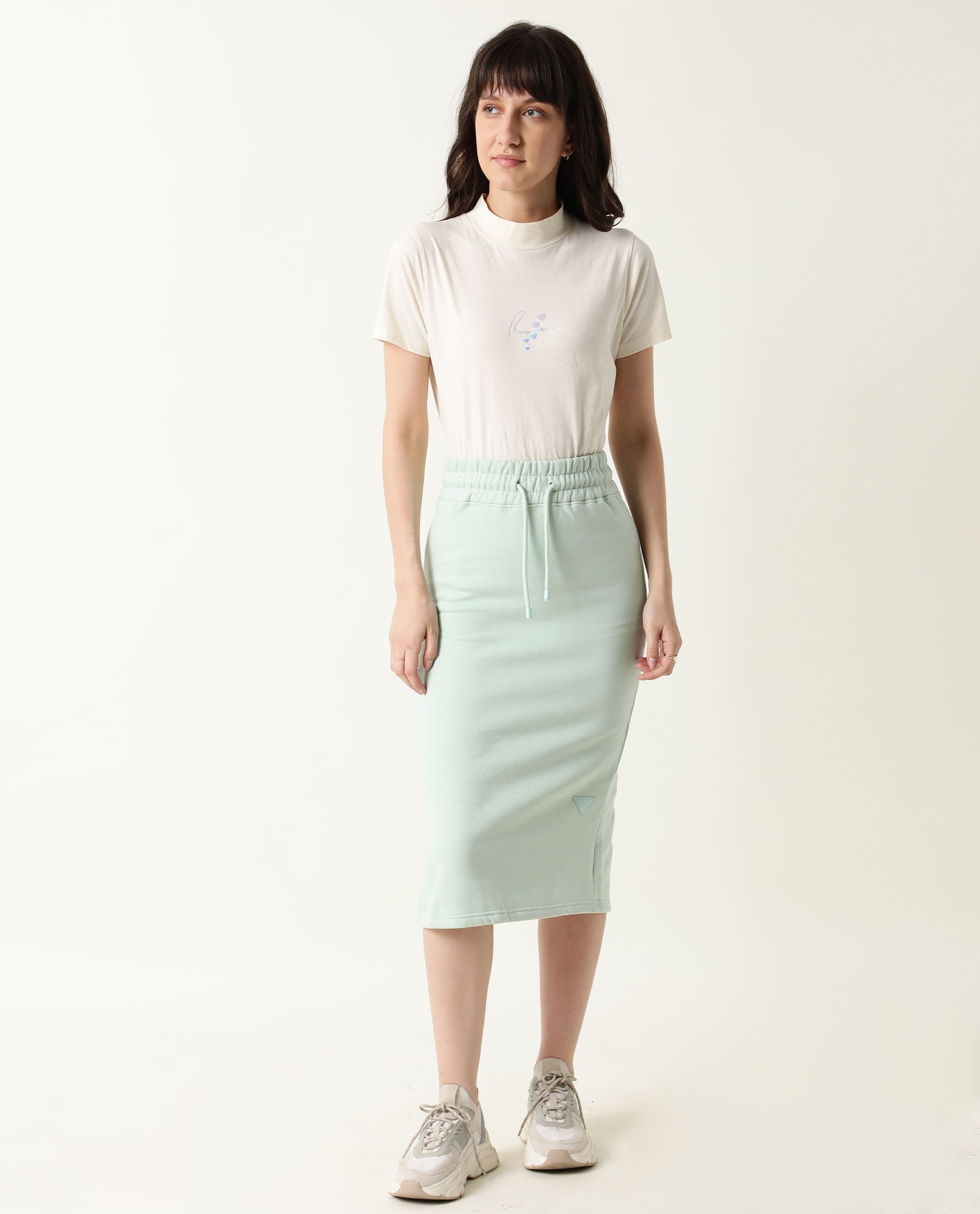 Rareism Women's Fudge Green Polyester Blend Plain Midi Tailored Skirt