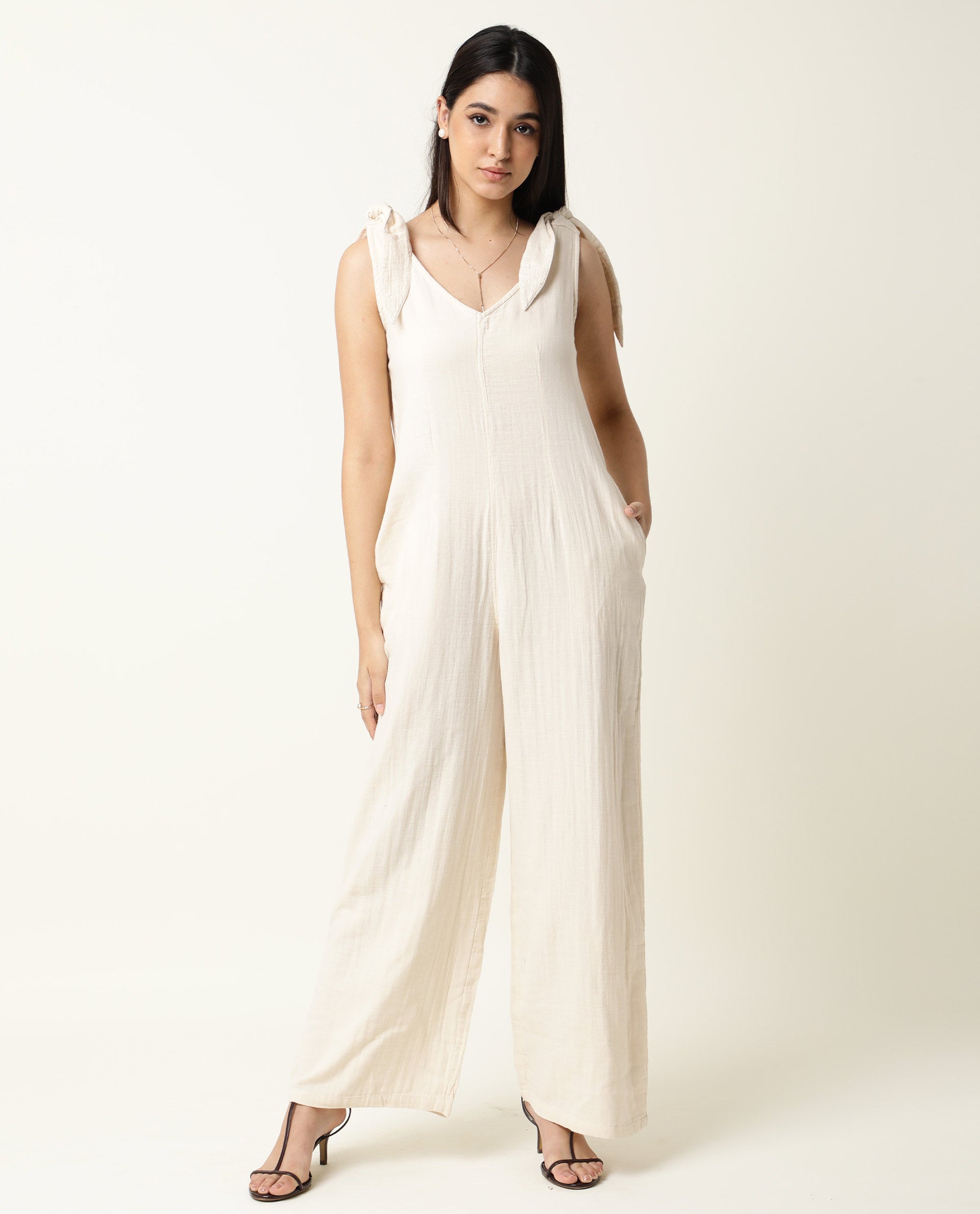 Rareism Women's Peanut Beige Cotton V-Neck Plain Sleeveless Knee Length Tailored Jumpsuit