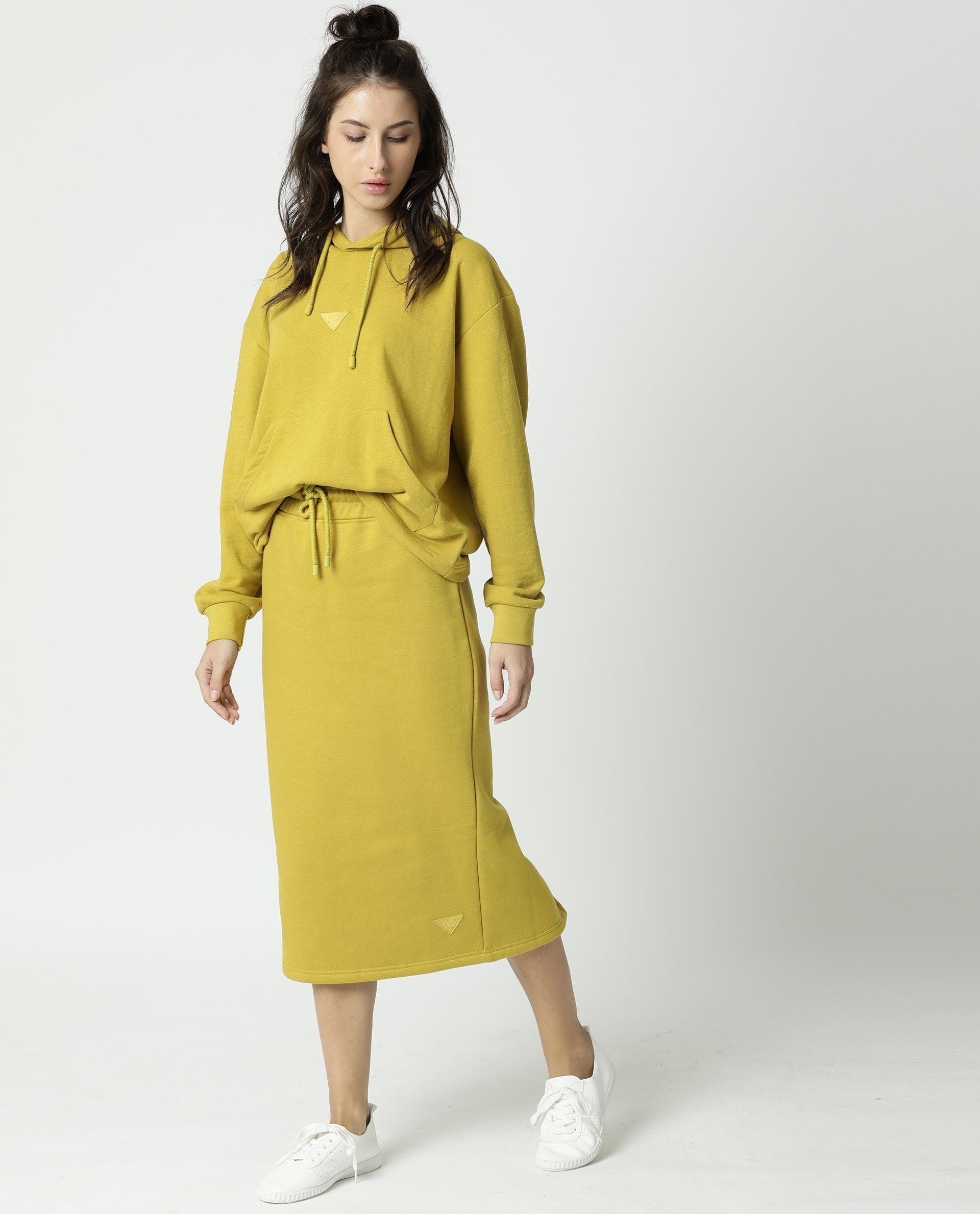 Rareism Women Fudge Yellow Poly Cotton Fabric Tailored Fit High Rise Solid Midi Skirt