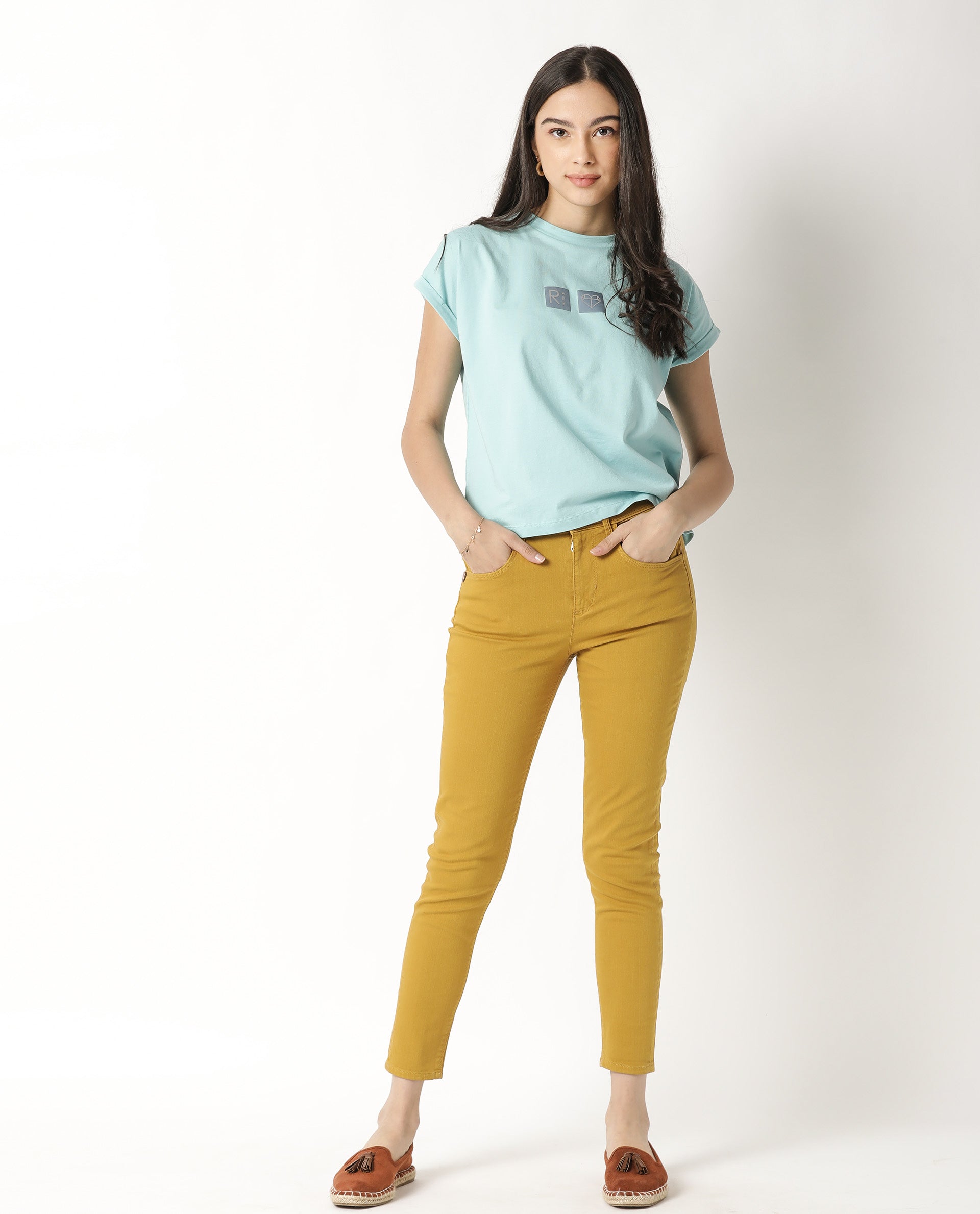 Rareism Women Cardi Light Blue Cotton Fabric Regular Fit Half Sleeves Graphic Print Crew Neck T-Shirt