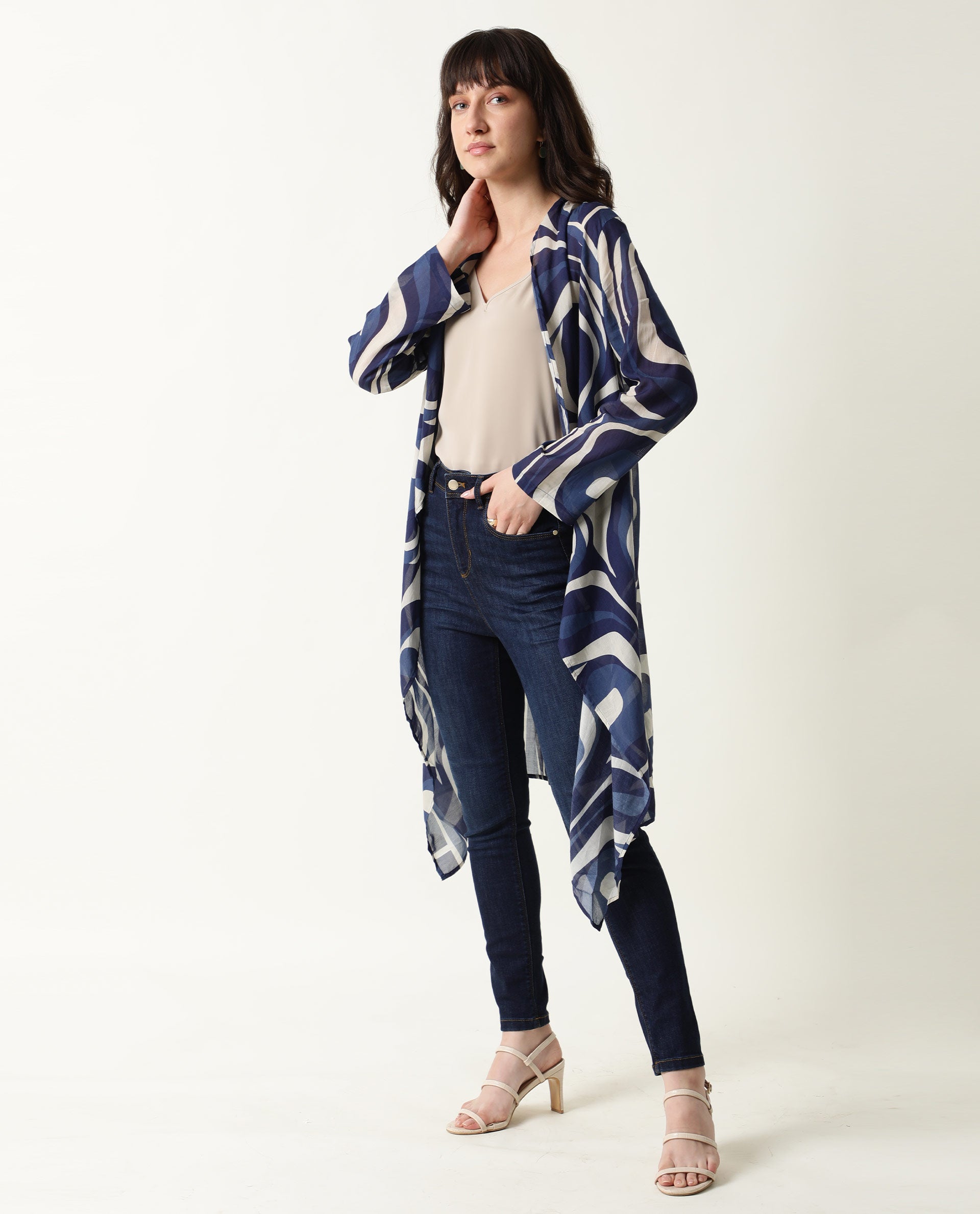 Rareism Women Bohem Blue Overlayer Full Sleeves Printed
