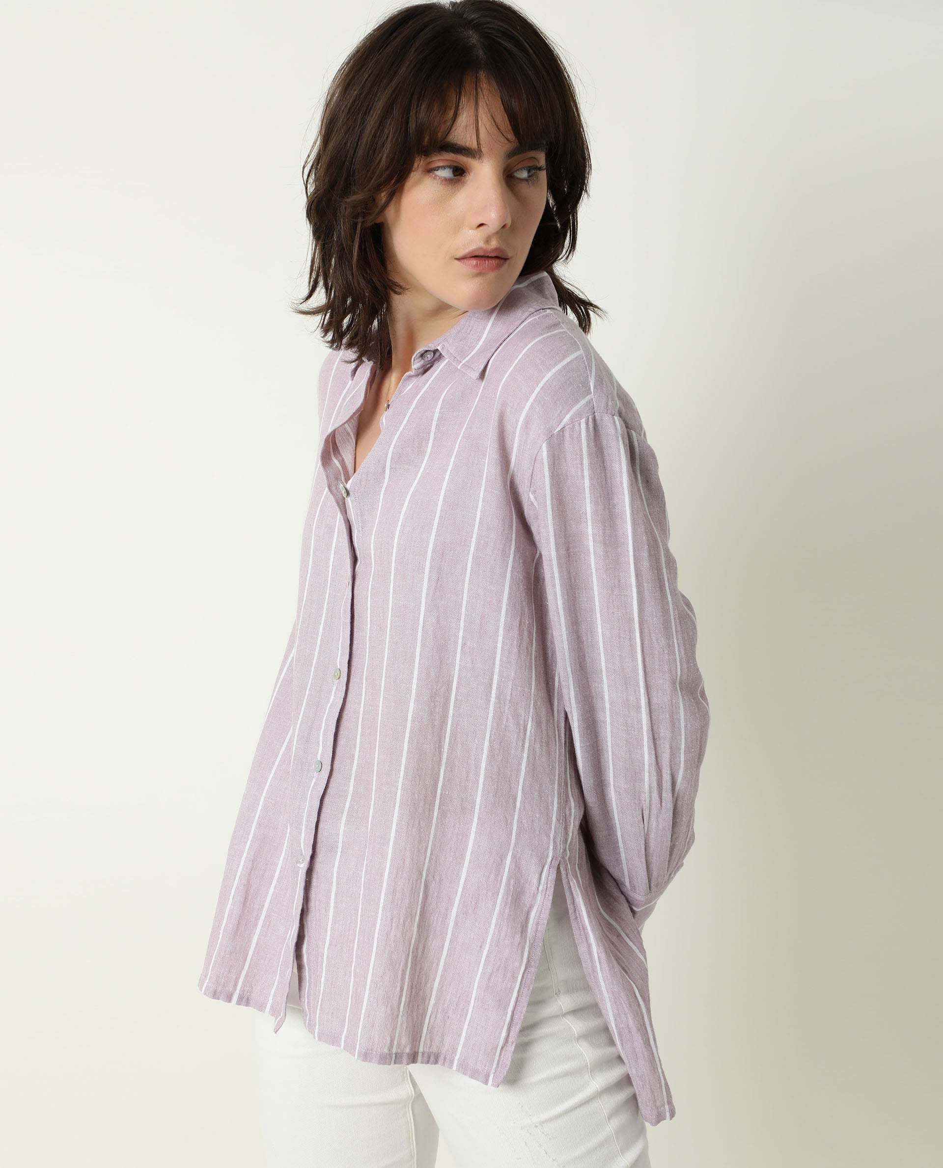 Rareism Women Vrish Pastel Purple Cotton Linen Fabric Relaxed Fit Collared Neck Full Sleeves Striped Top