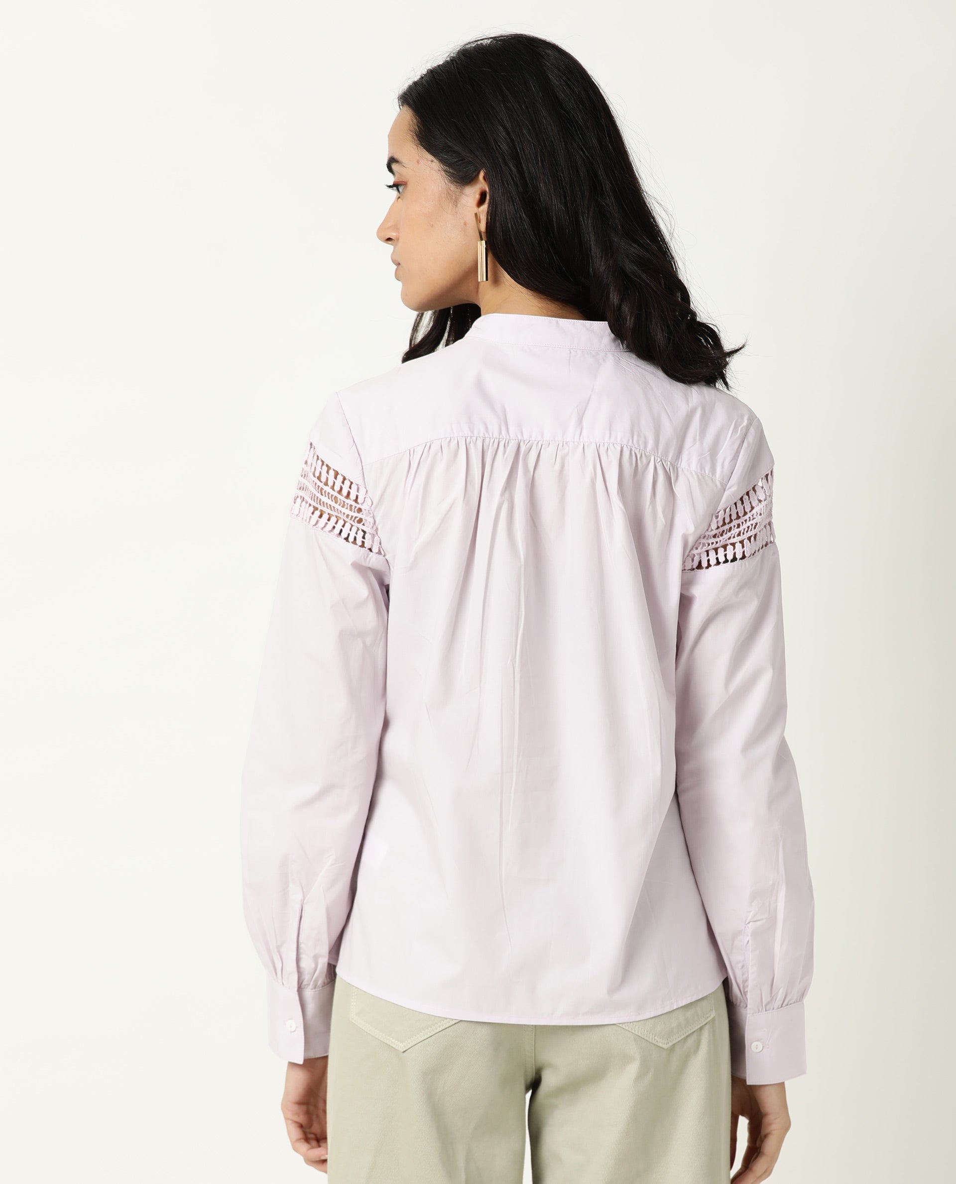 Rareism Women Zoom Pastel Purple Cotton Fabric Regular Fit Mandarin Collar Full Sleeves Solid Top