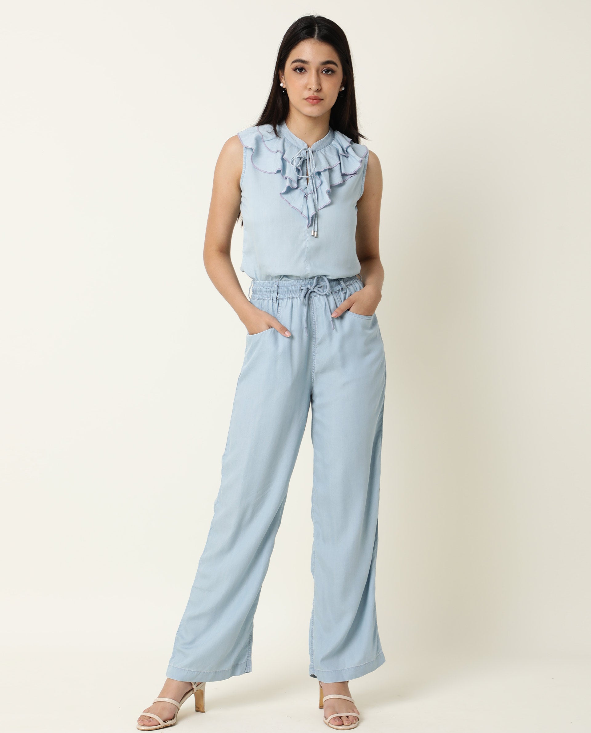 Rareism Women's Cage Blue Tencel Key Hole Neck Plain Sleeveless Tailored Top