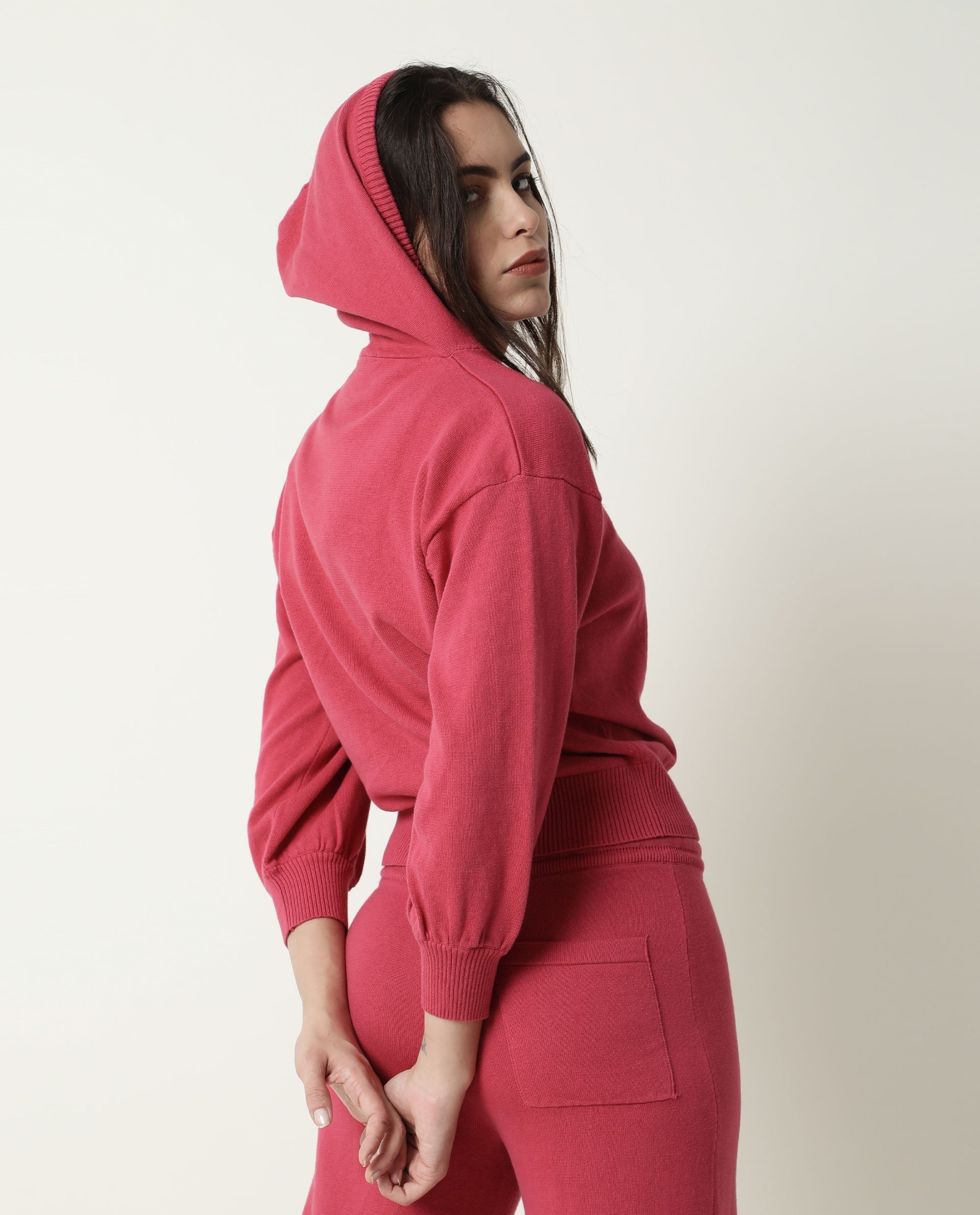 Rareism Women's Finn Sweat Light Pink Cotton Hooded Plain Relaxed Fit Sweater