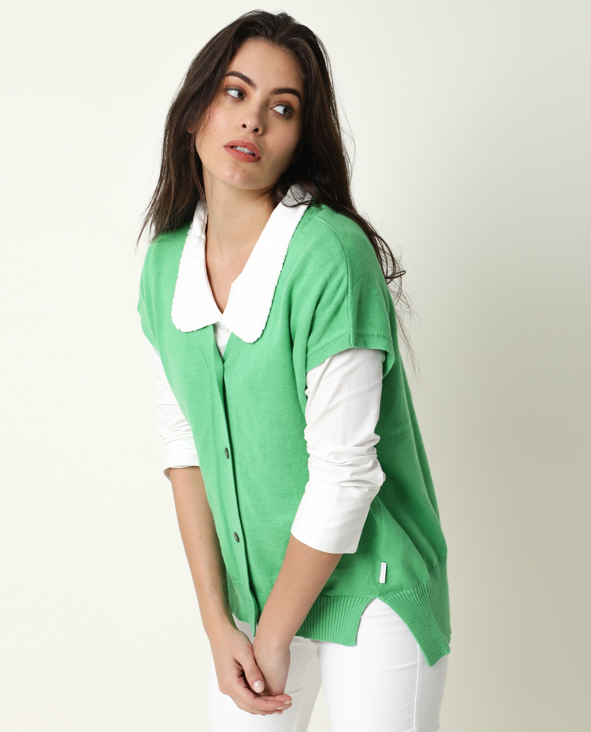 Rareism Women's Pave Green Cotton V-Neck Plain Extended Sleeves Regular Fit Sweater