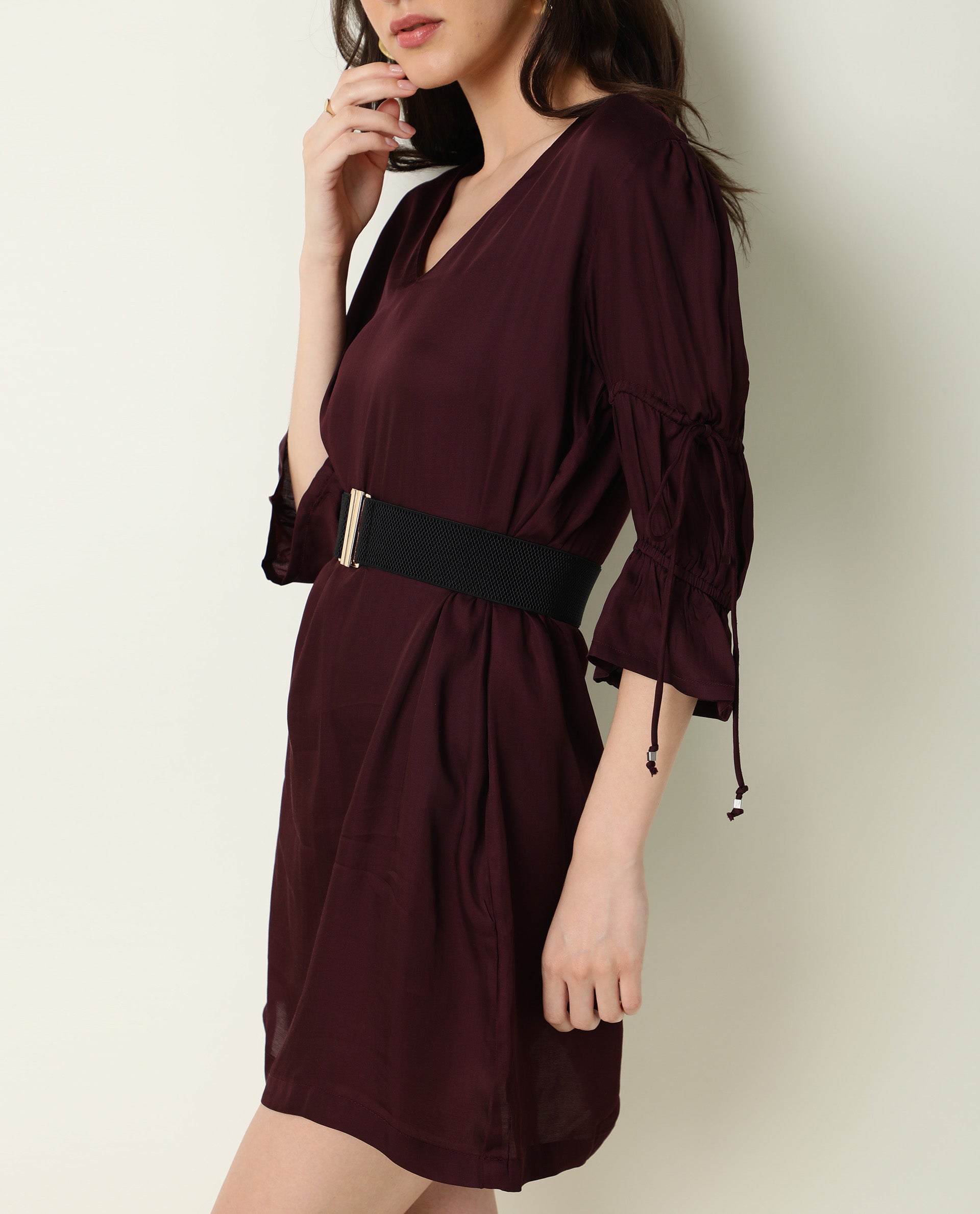 Rareism Women's Jamm Maroon V-Neck Plain Knee Length Regular Fit Dress