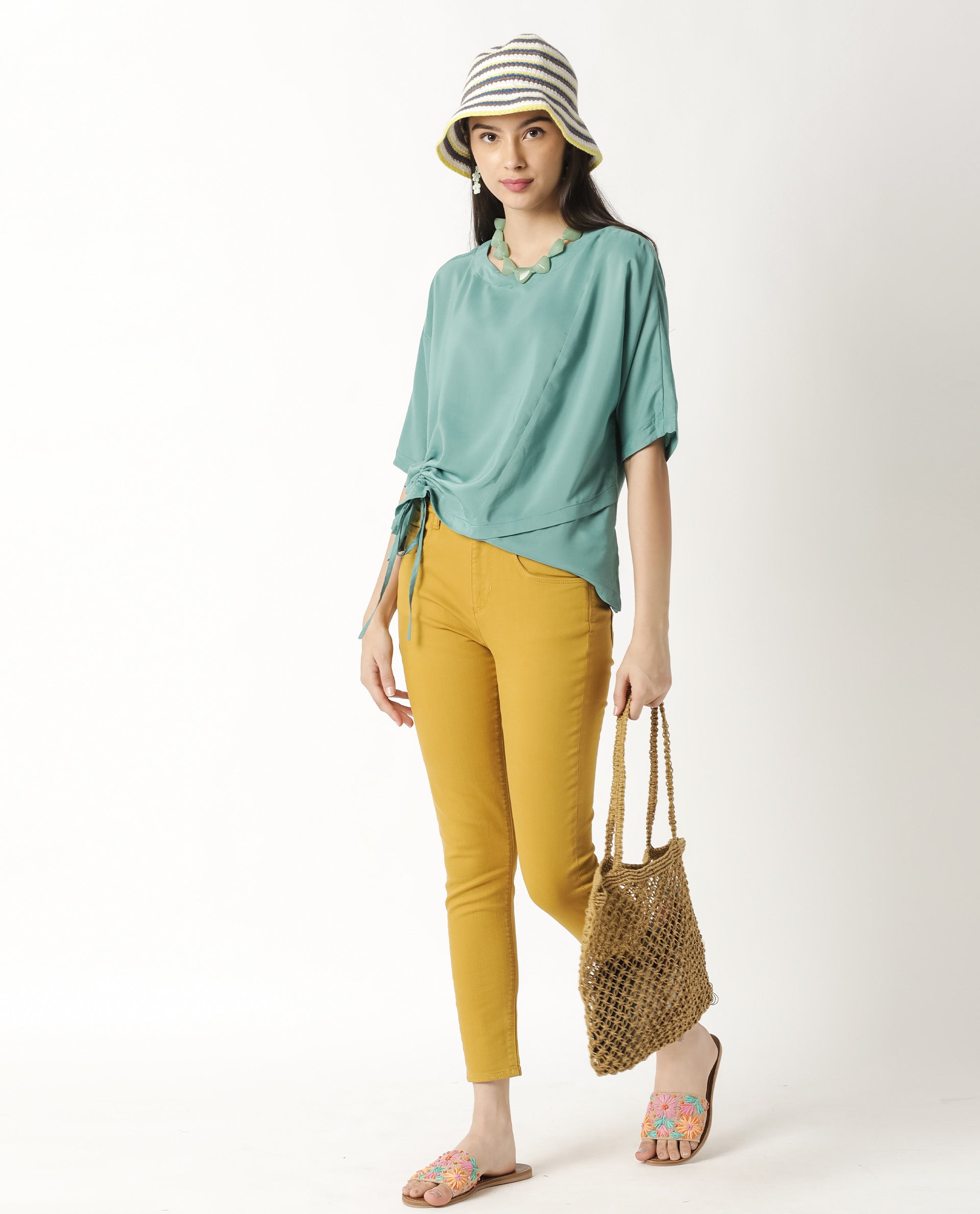 Rareism Women Paecos Green Polyester Fabric Regular Fit Boat Neck 3/4Th Sleeves Solid Top