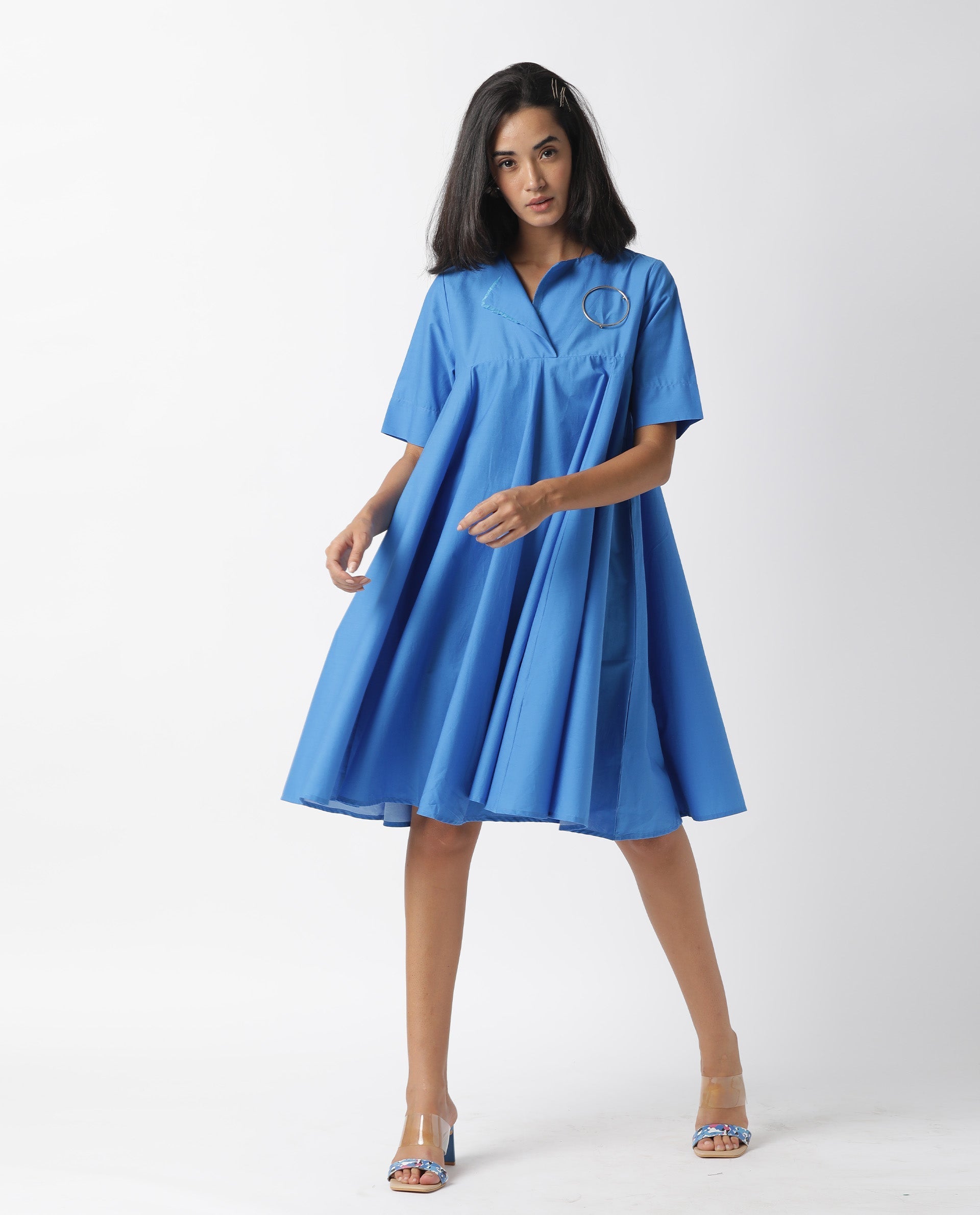 Rareism Women's Array Blue Cotton Lapel Neck Plain Knee Length Relaxed Fit Dress