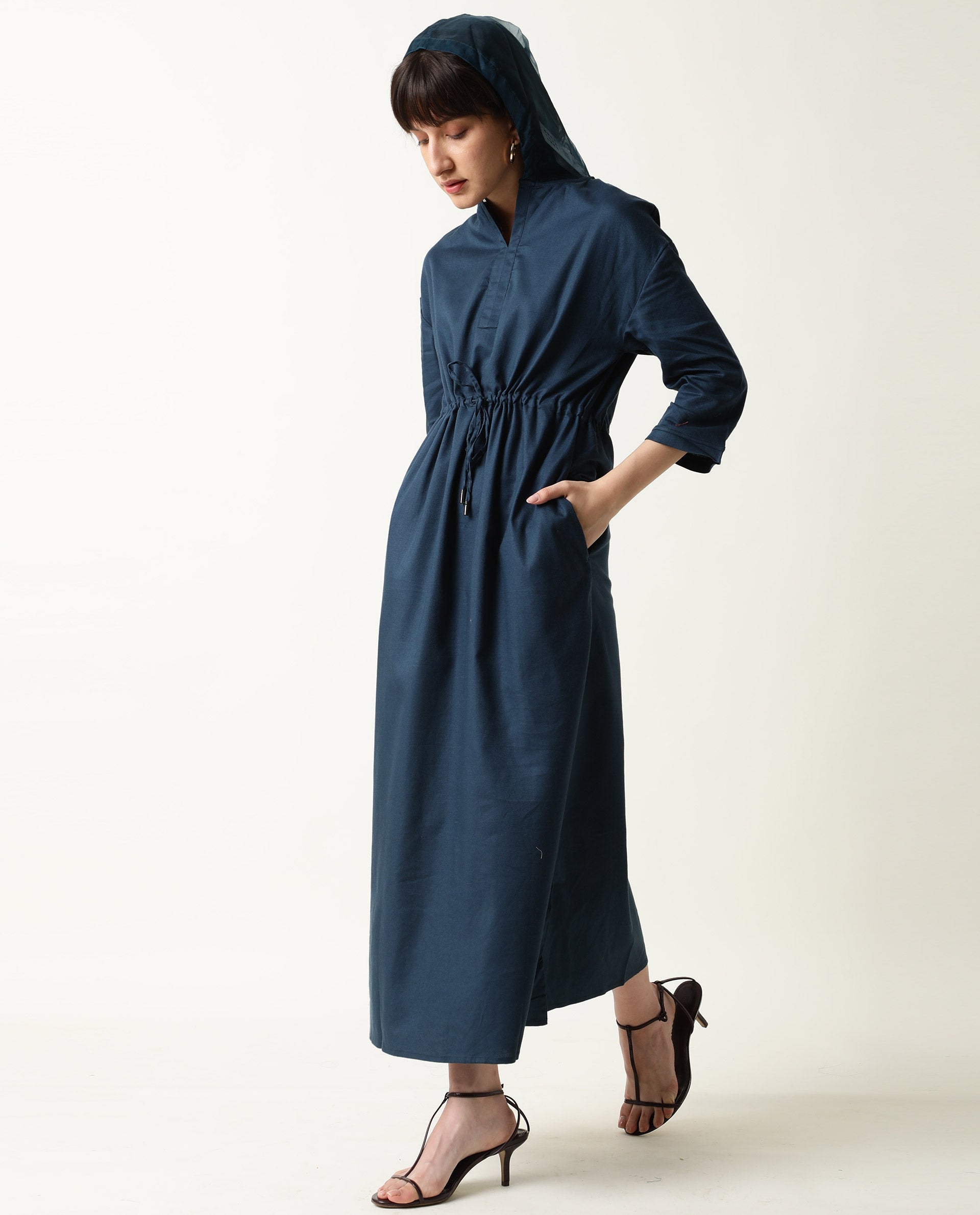 Rareism Womens Chalk Petrol Dress Tencel Fabric Hooded Long Length