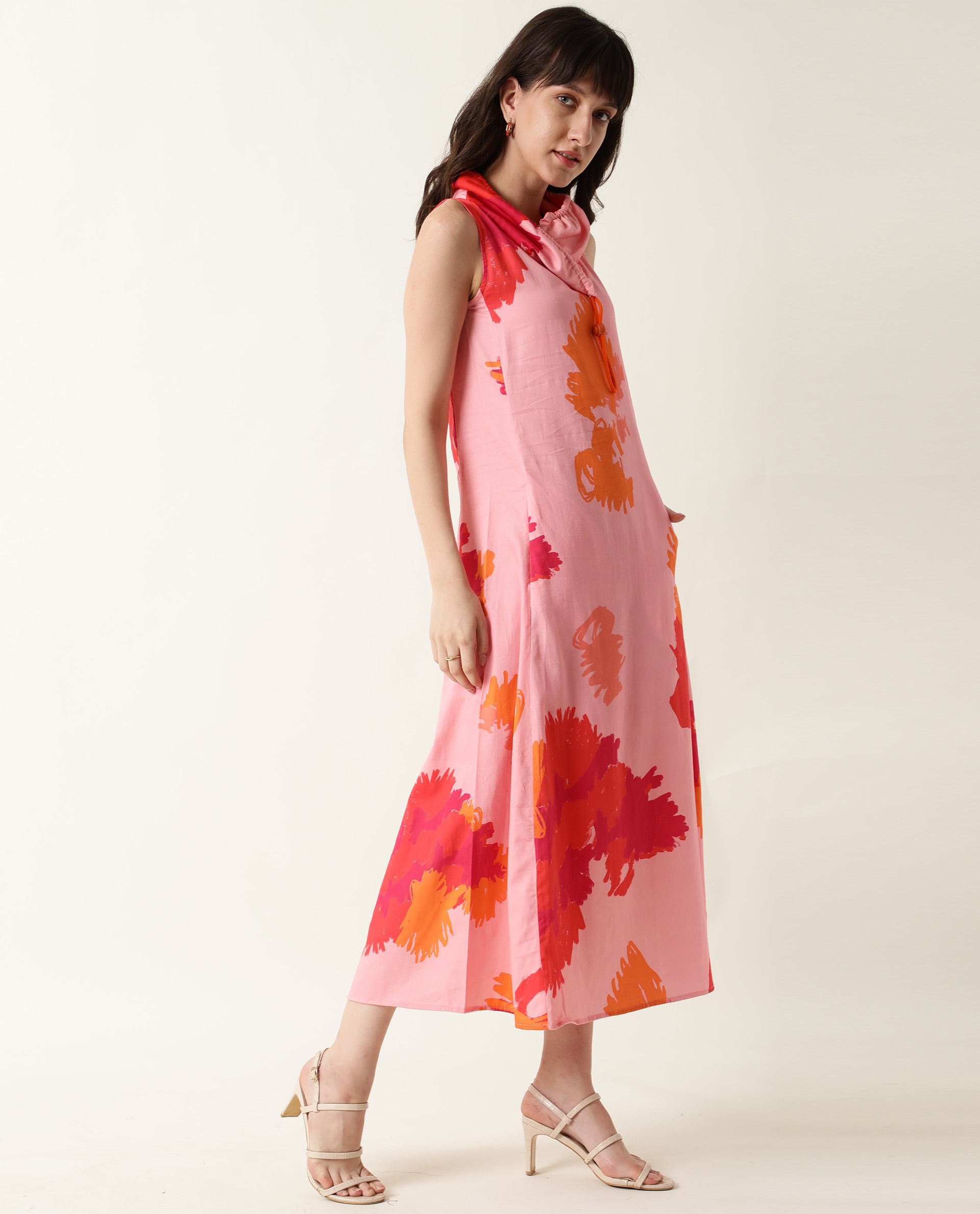 Rareism Womens Cyrus Pink Dress Cotton Fabric Regular Fit Sleeveless Round Neck