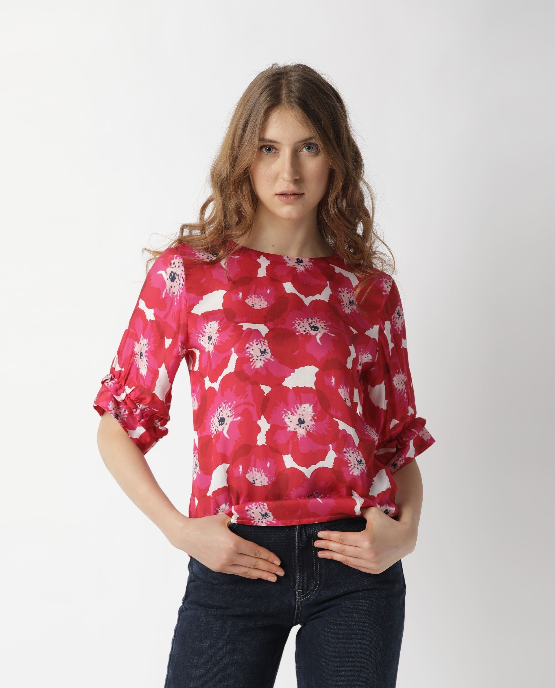 Rareism Womens Mall Red Top Modal Fabric Regular Fit Regular Sleeves Mandarin Neck