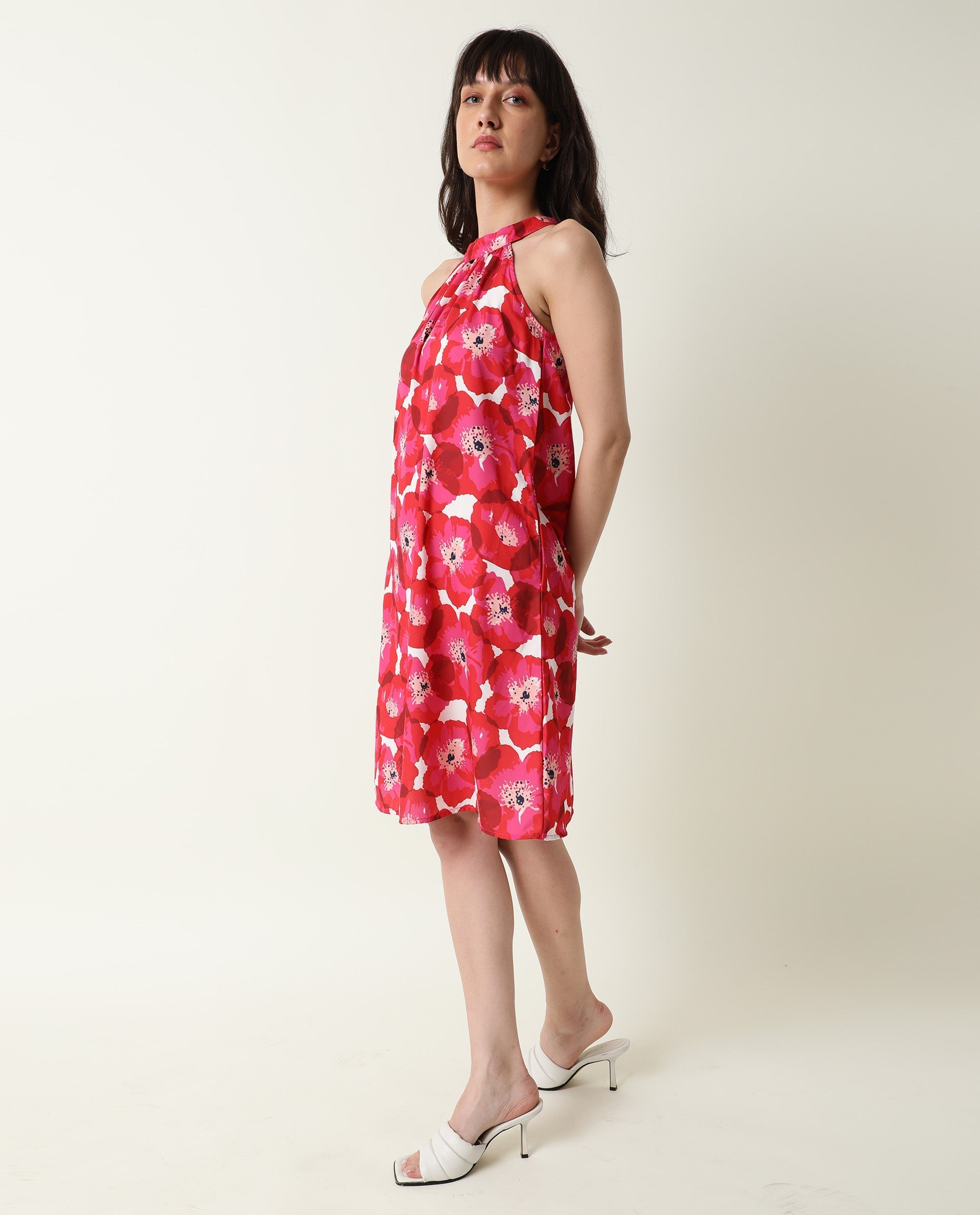 Rareism Women's Oasis Red Halter Neck Floral Print Sleeveless Knee Length Regular Fit Dress