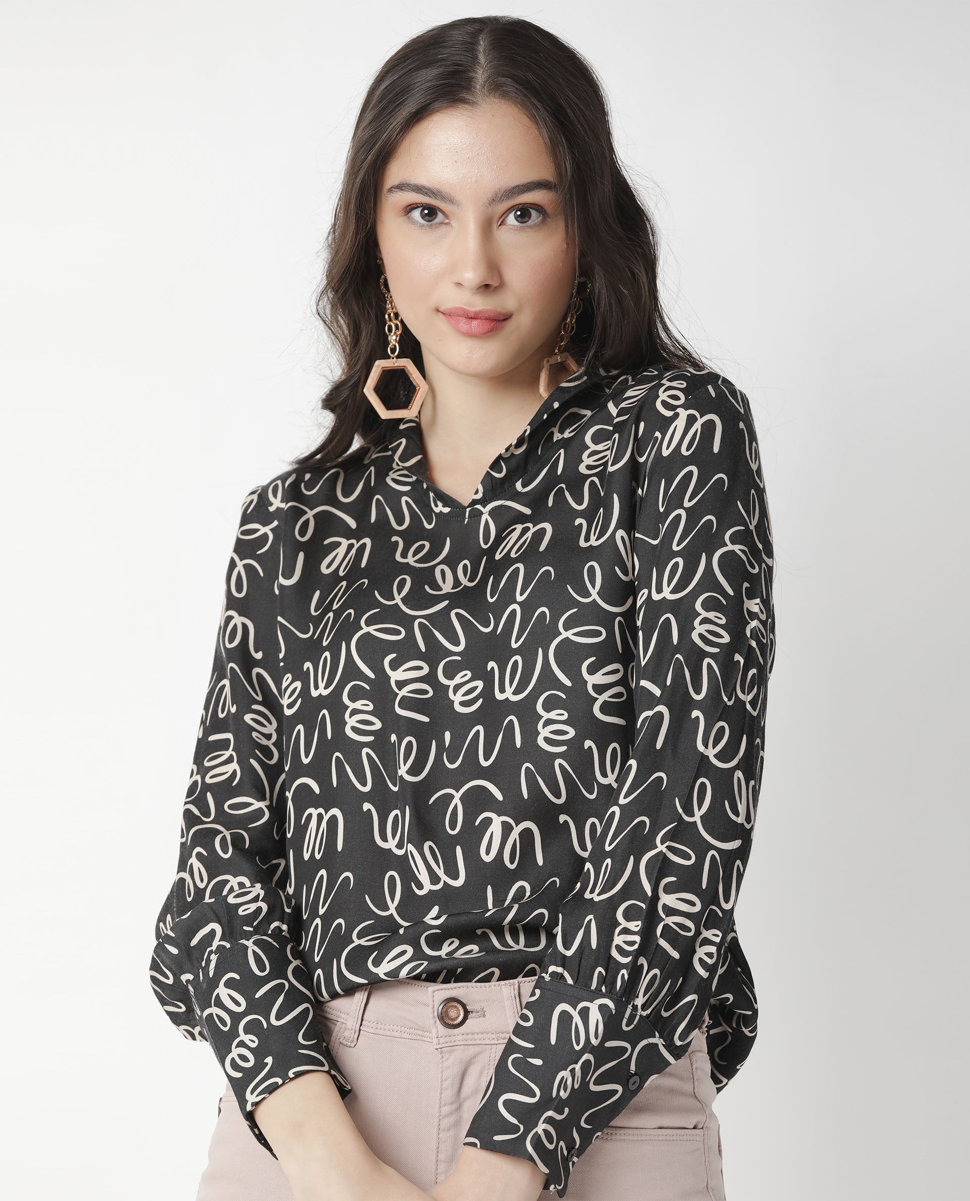 Rareism Womens Zesh Black Top Modal Satin Fabric Regular Fit Full Sleeve High Neck