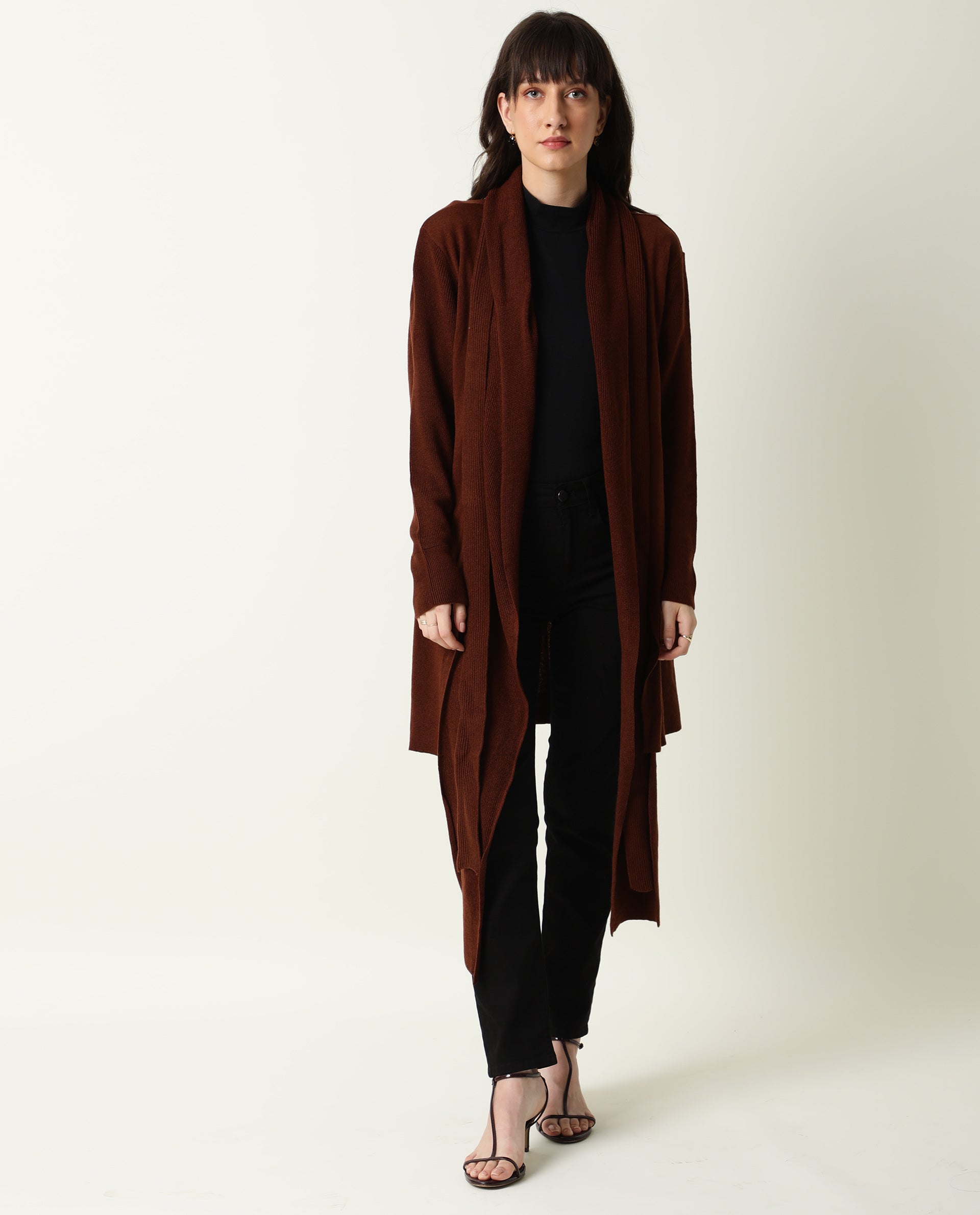 Rareism Women's Flap Brown Acrylic Collarless Plain Knee Length Regular Fit Sweater