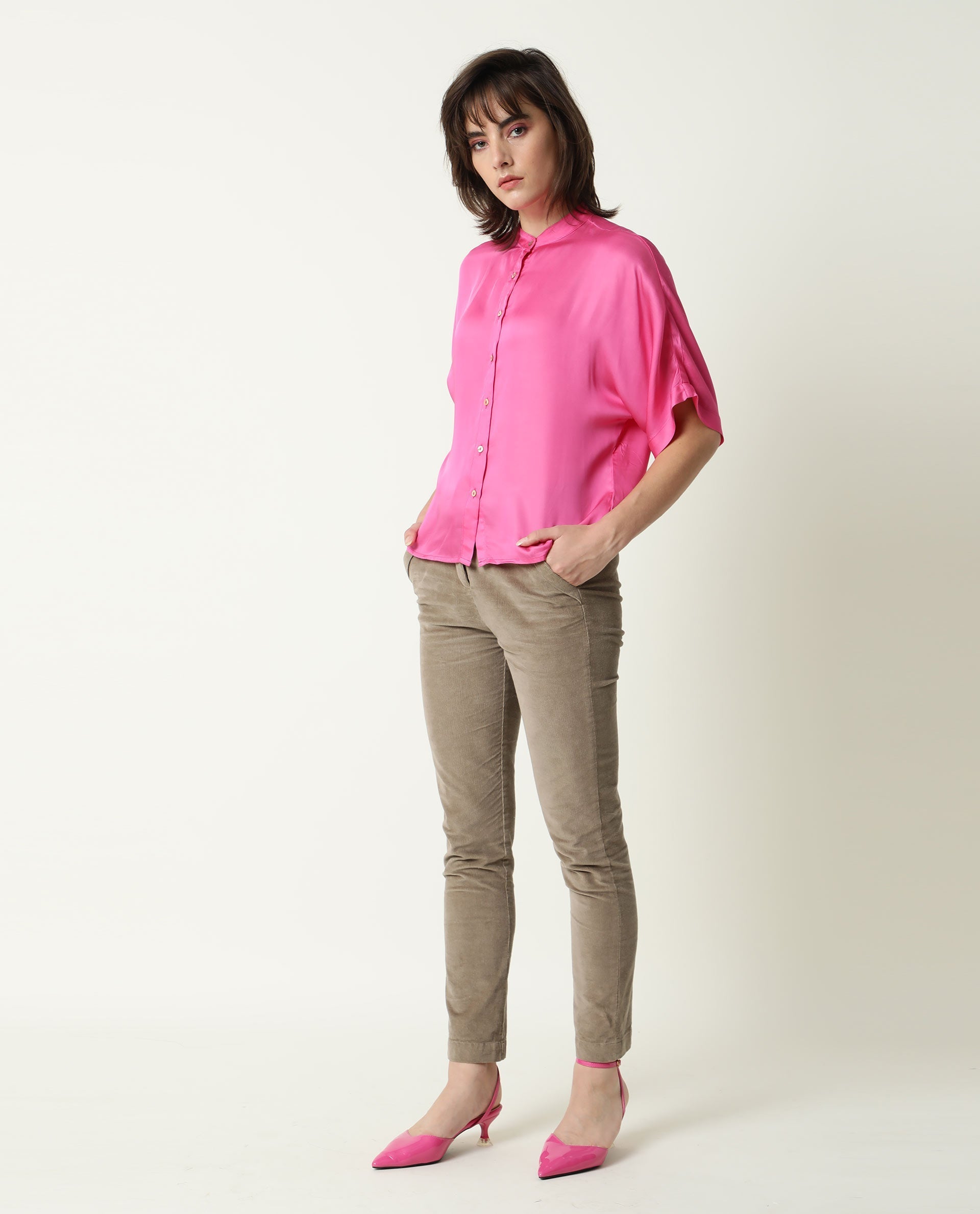 Rareism Womens Paige Pink Top Modal Satin Fabric Regular Fit Kimono Sleeve Mandarin Neck