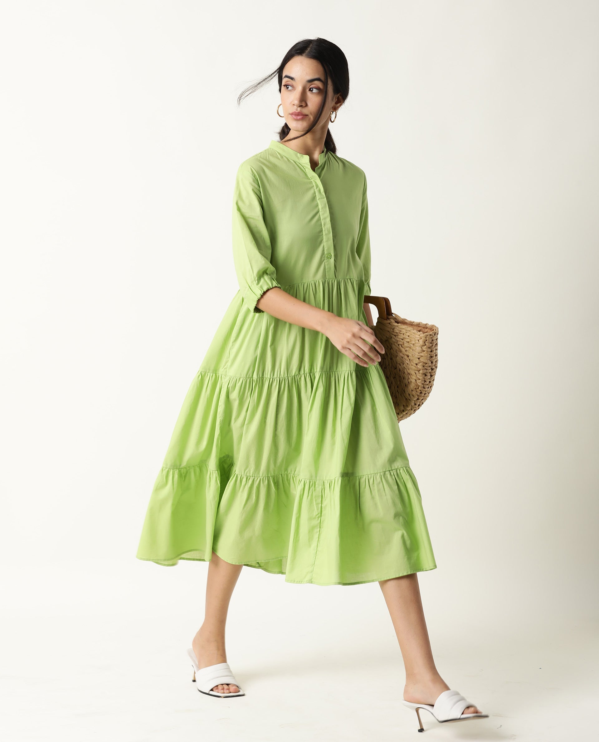 Rareism Womens Intro Green Dress Cotton Fabric Regular Fit Puff Sleeves Mandarin Neck