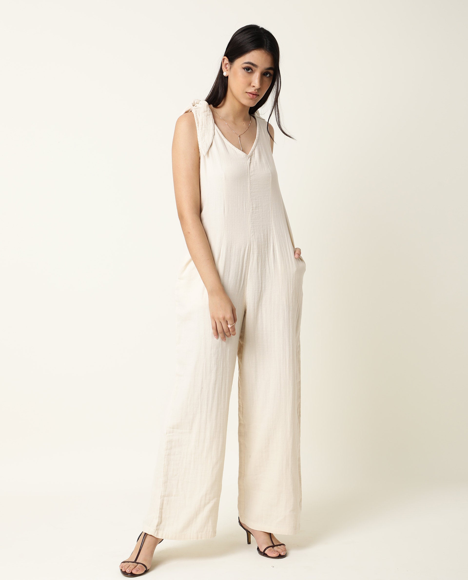 Rareism Women's Peanut Beige Cotton V-Neck Plain Sleeveless Knee Length Tailored Jumpsuit