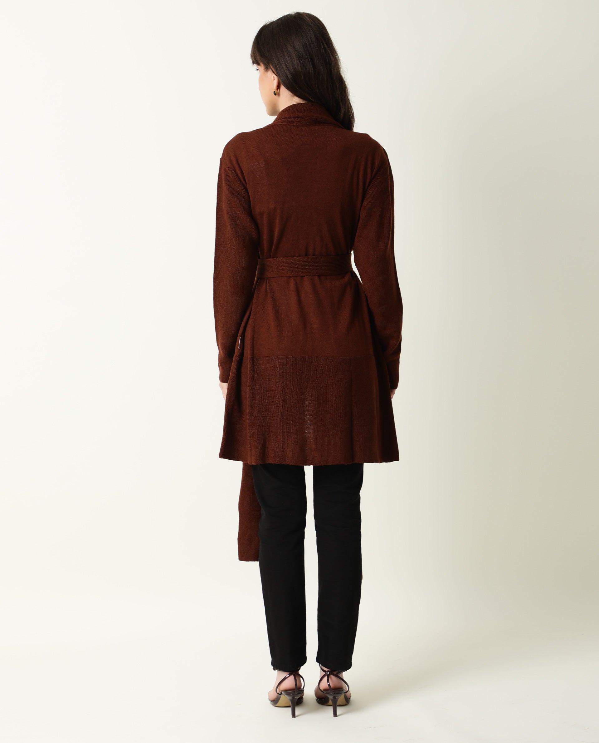 Rareism Women's Flap Brown Acrylic Collarless Plain Knee Length Regular Fit Sweater