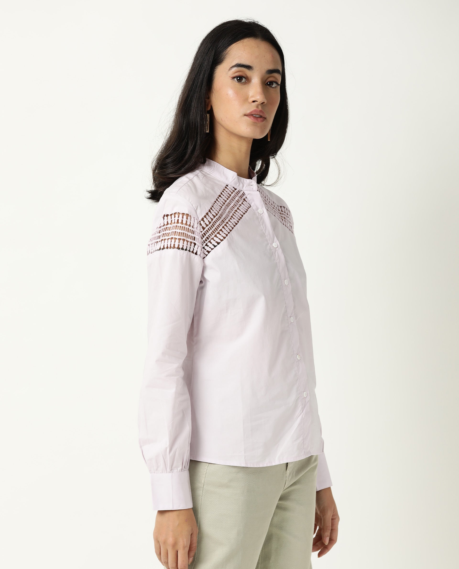 Rareism Women Zoom Pastel Purple Cotton Fabric Regular Fit Mandarin Collar Full Sleeves Solid Top