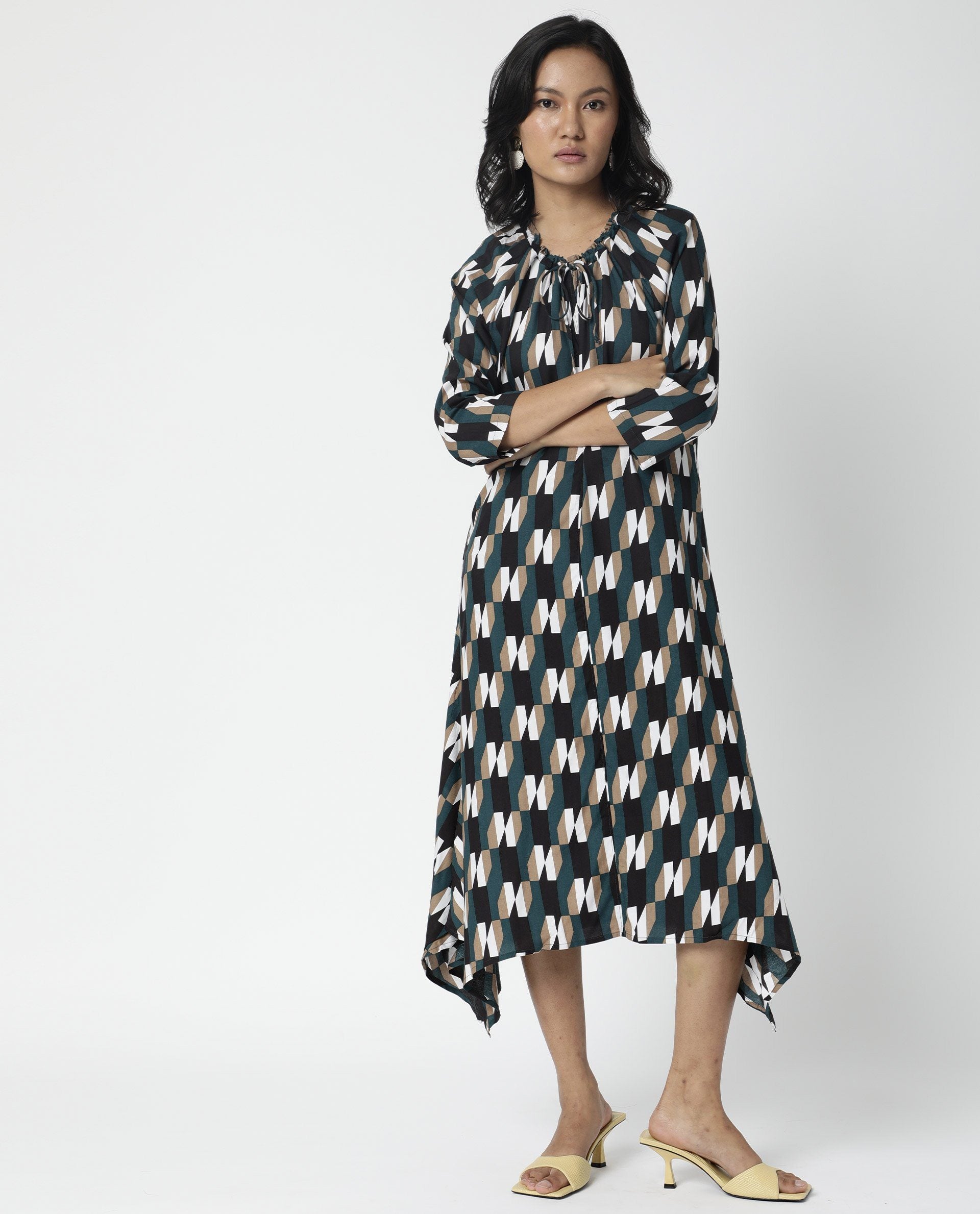 Rareism Womens Matan Green Dress Knee Length Boxy Fit Collar Neck Cotton Silk Fabric